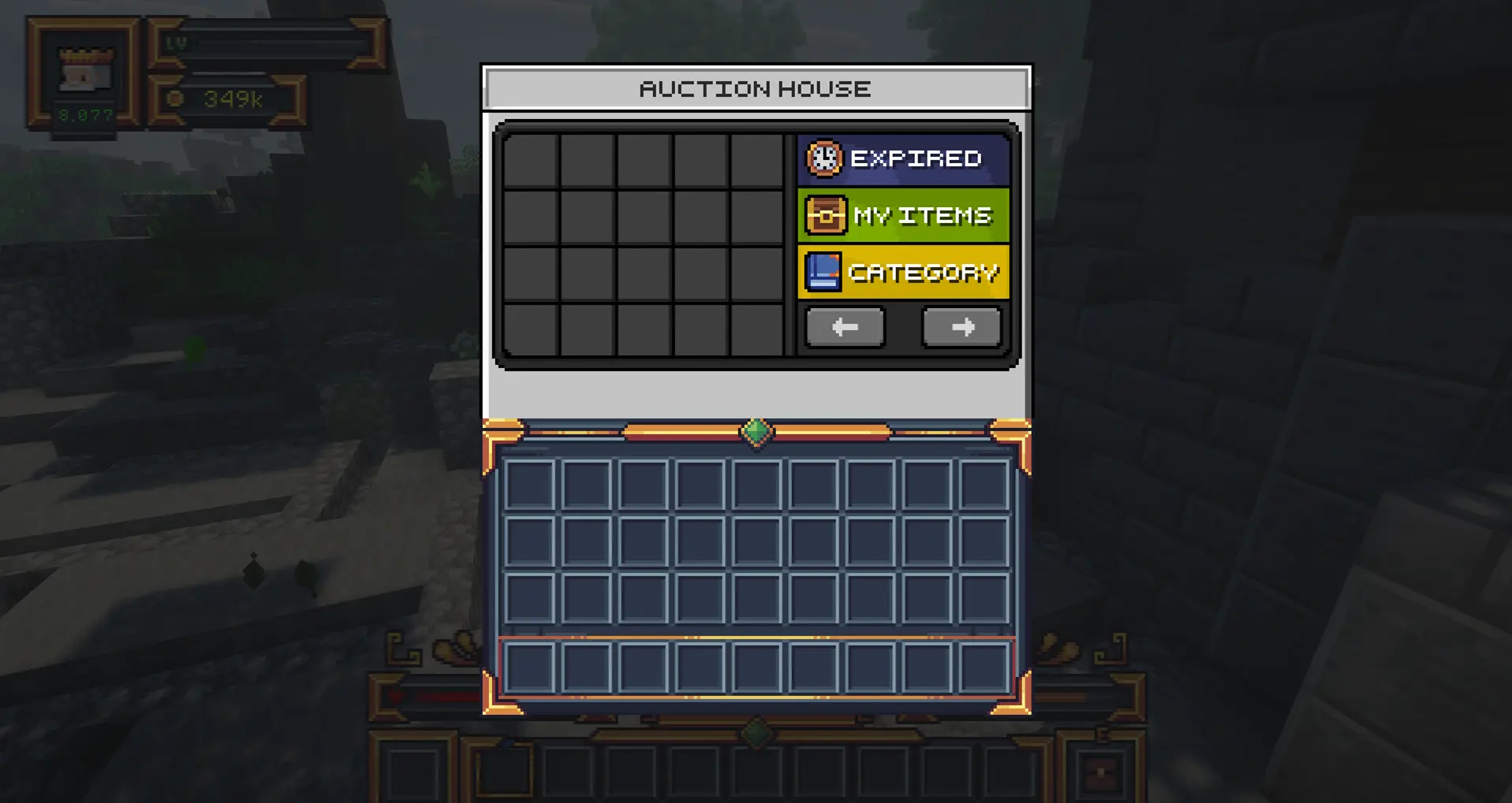 MineKai Auction House menu with expired items, my items and category options