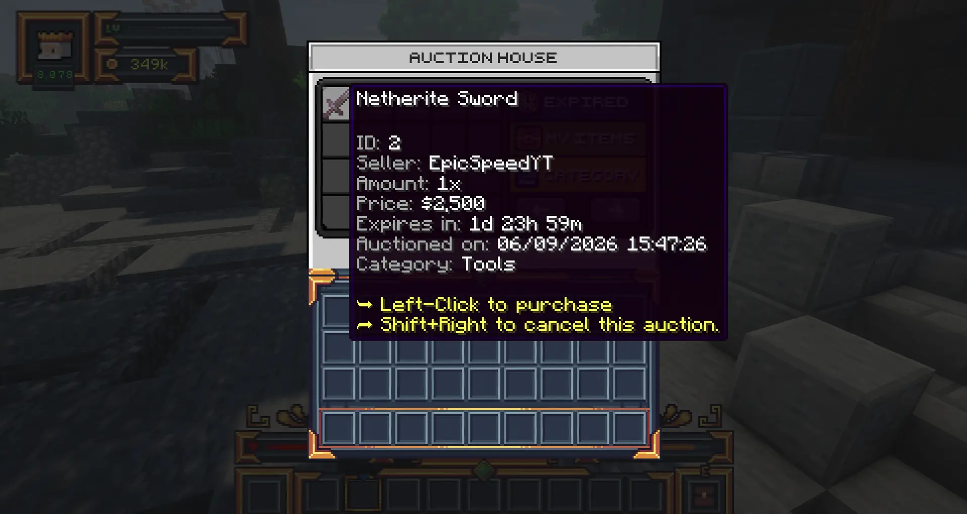 Netherite Sword auction listing for 2500 dollars on MineKai