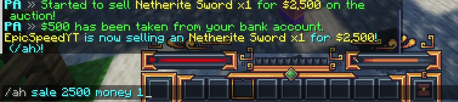 Using the ah sale 2500 money 1 command to sell a Netherite Sword on MineKai