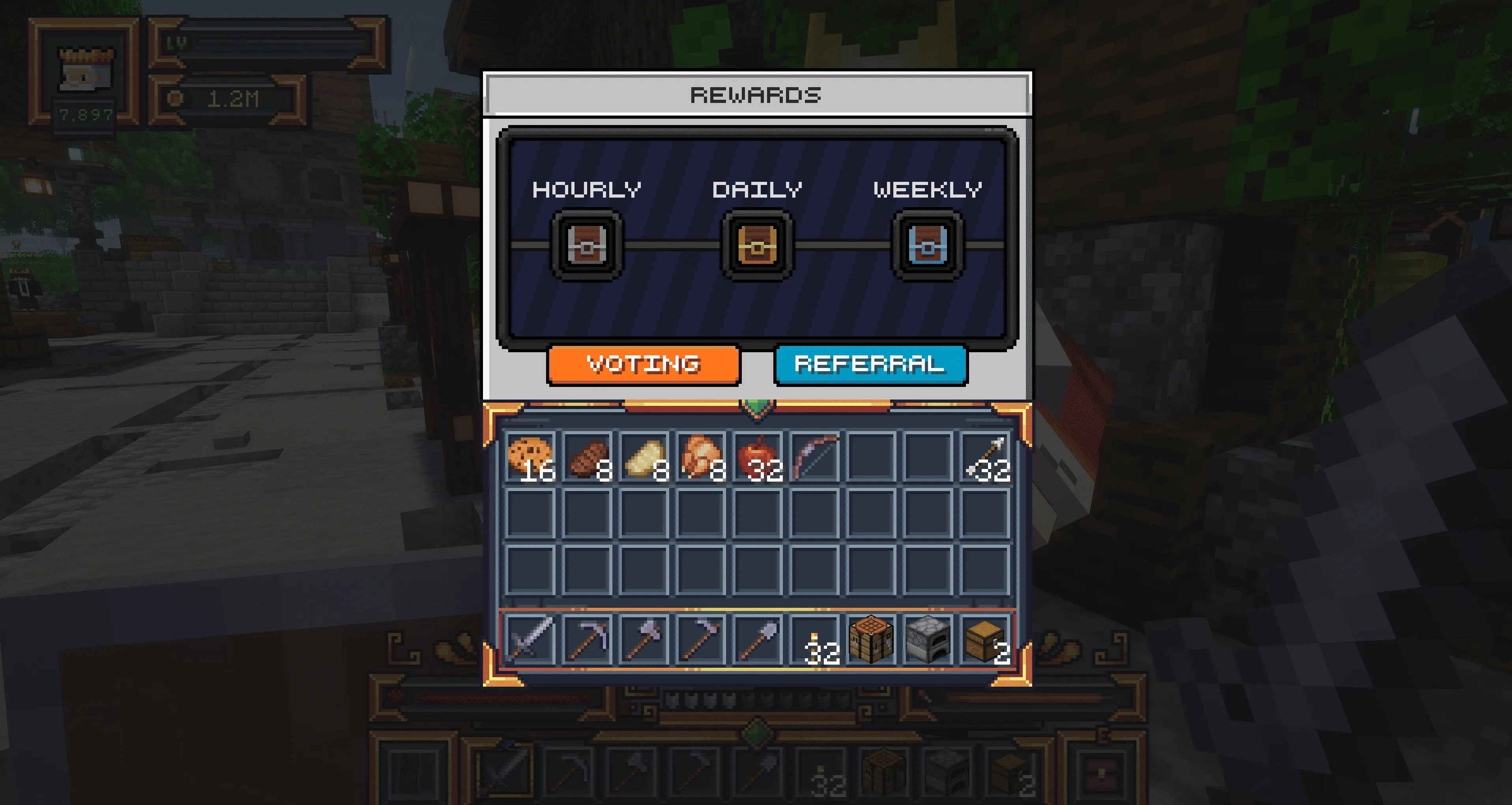 MineKai rewards menu with hourly daily and weekly Minecraft server rewards