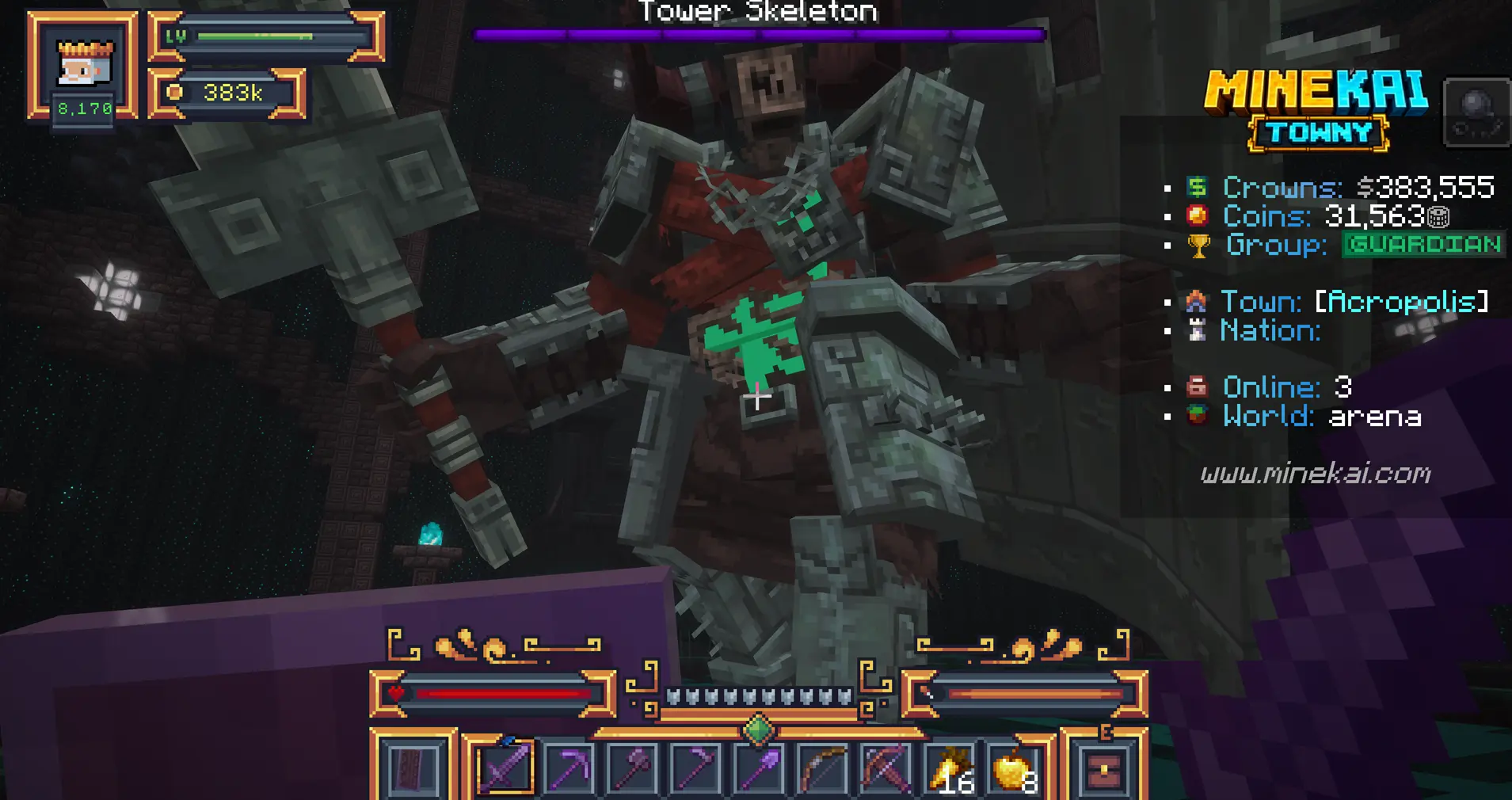 Player fighting the Tower Skeleton during a MineKai Minecraft boss battle