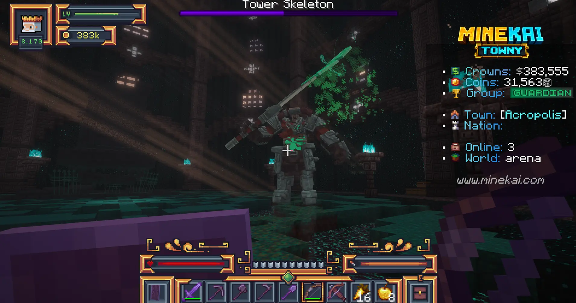 Tower Skeleton using a powerful attack during a Minecraft boss fight on MineKai
