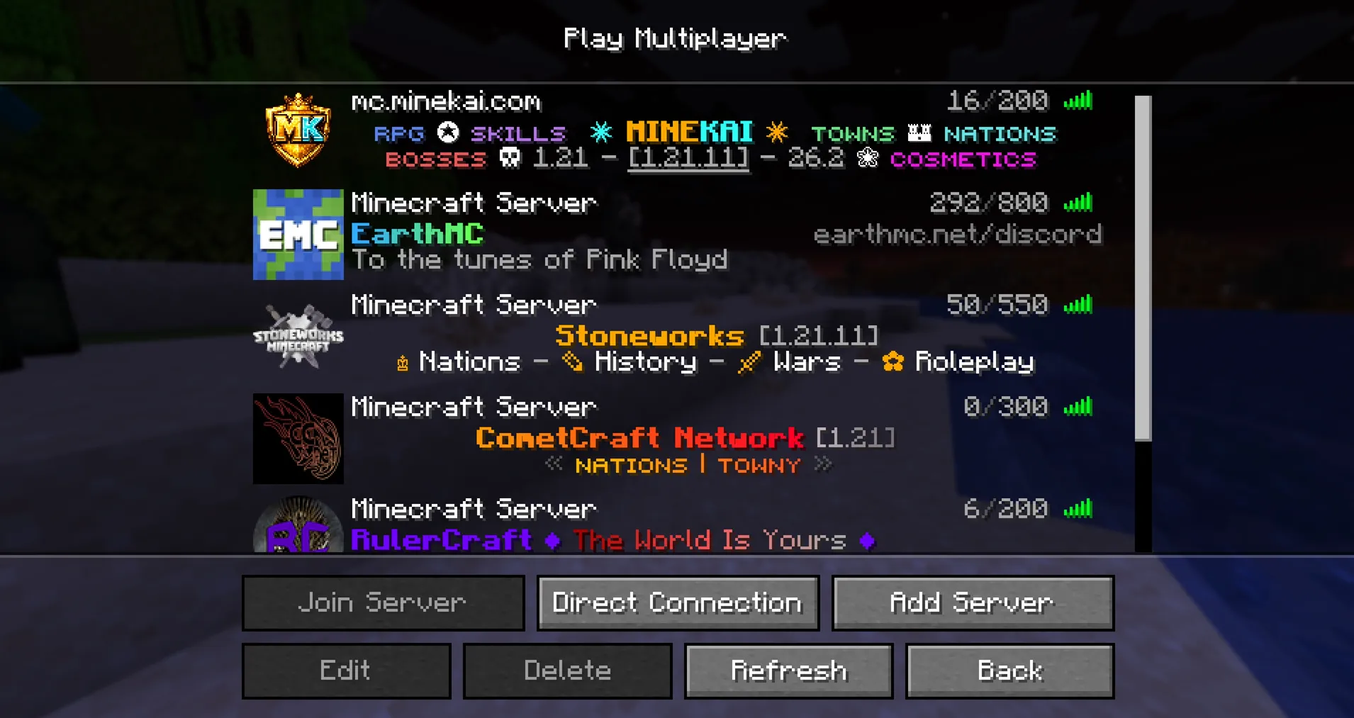 Current player counts for MineKai, EarthMC, Stoneworks, CCNet and RulerCraft during testing