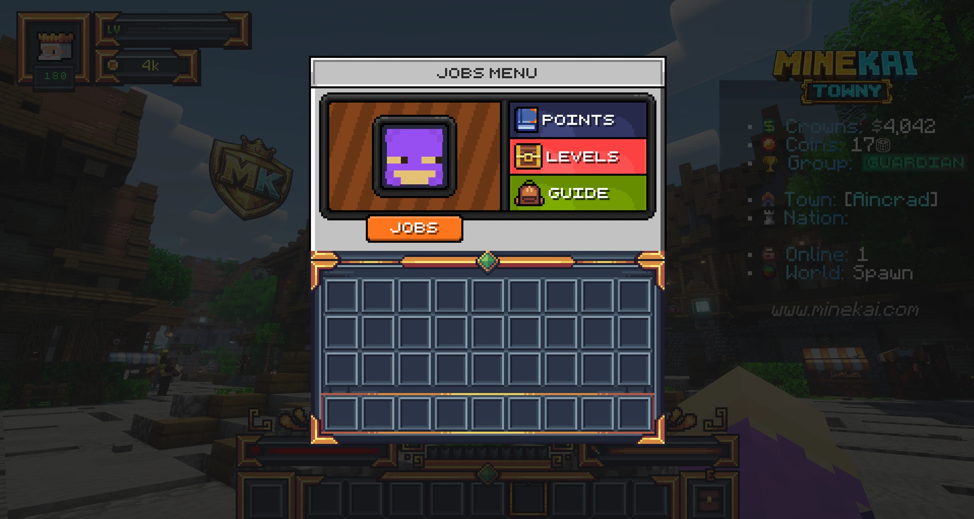MineKai Minecraft RPG jobs menu with job points levels guide and profession controls