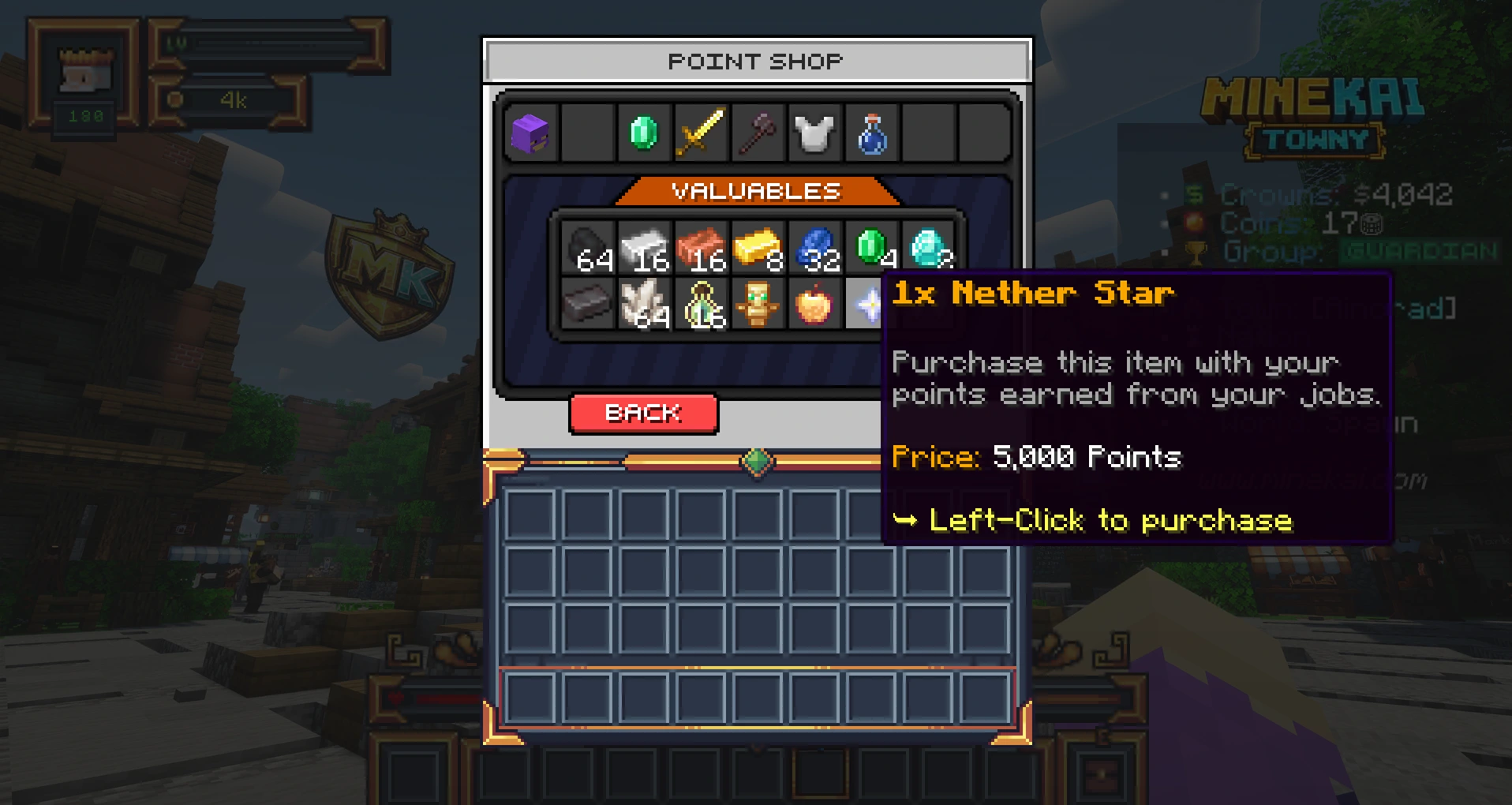 MineKai Minecraft RPG Point Shop showing valuable items that can be purchased with job points