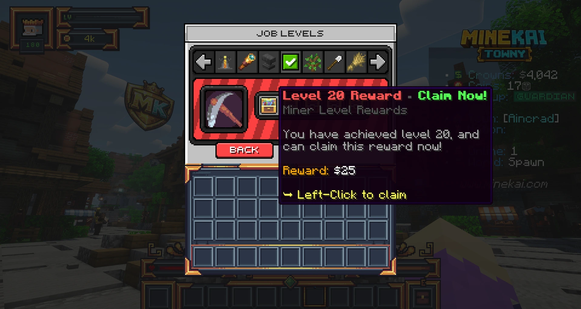 Minecraft RPG Miner job level reward on MineKai showing a claimable progression reward