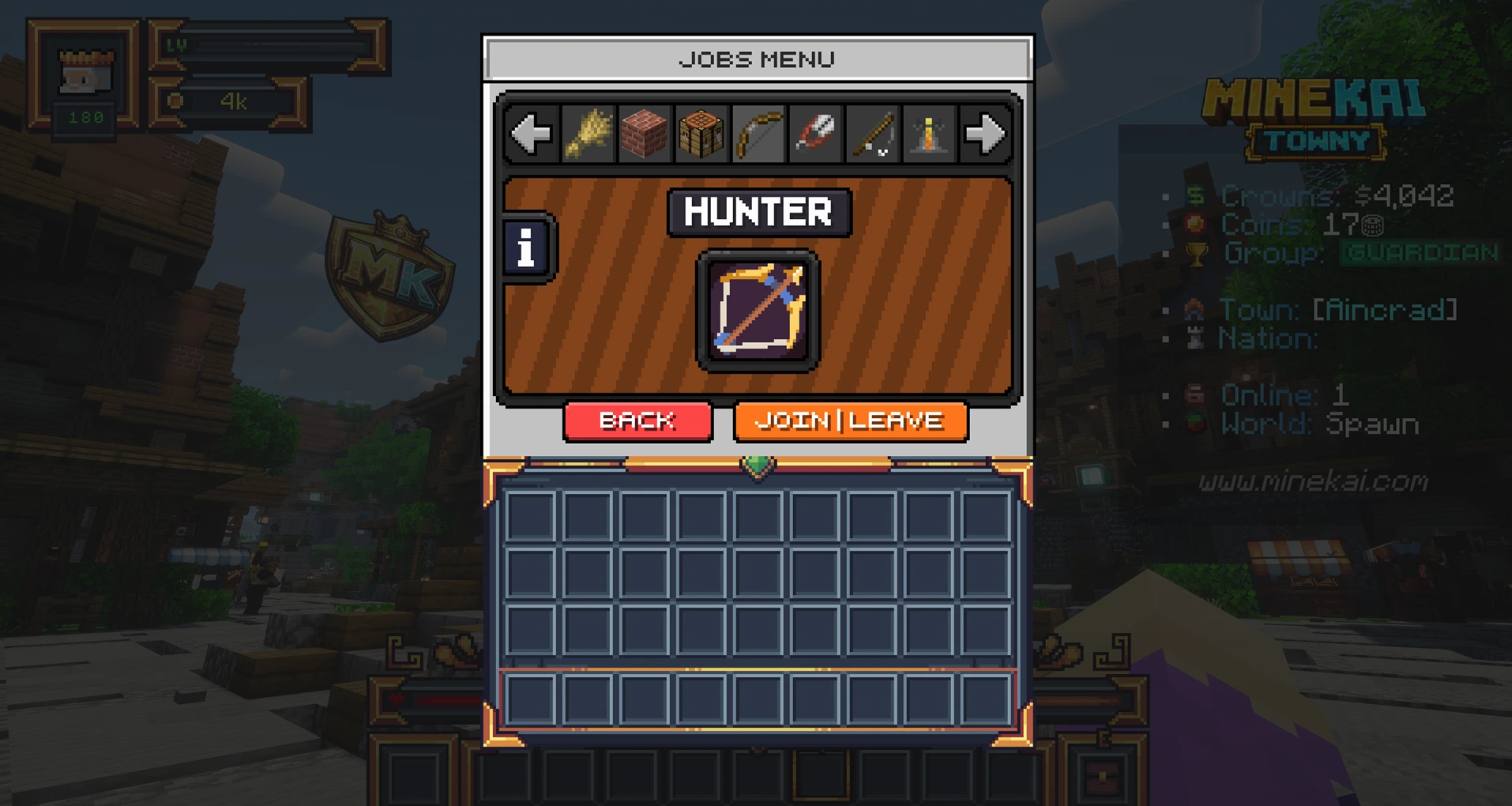 Hunter profession selected in the MineKai Minecraft RPG Jobs menu