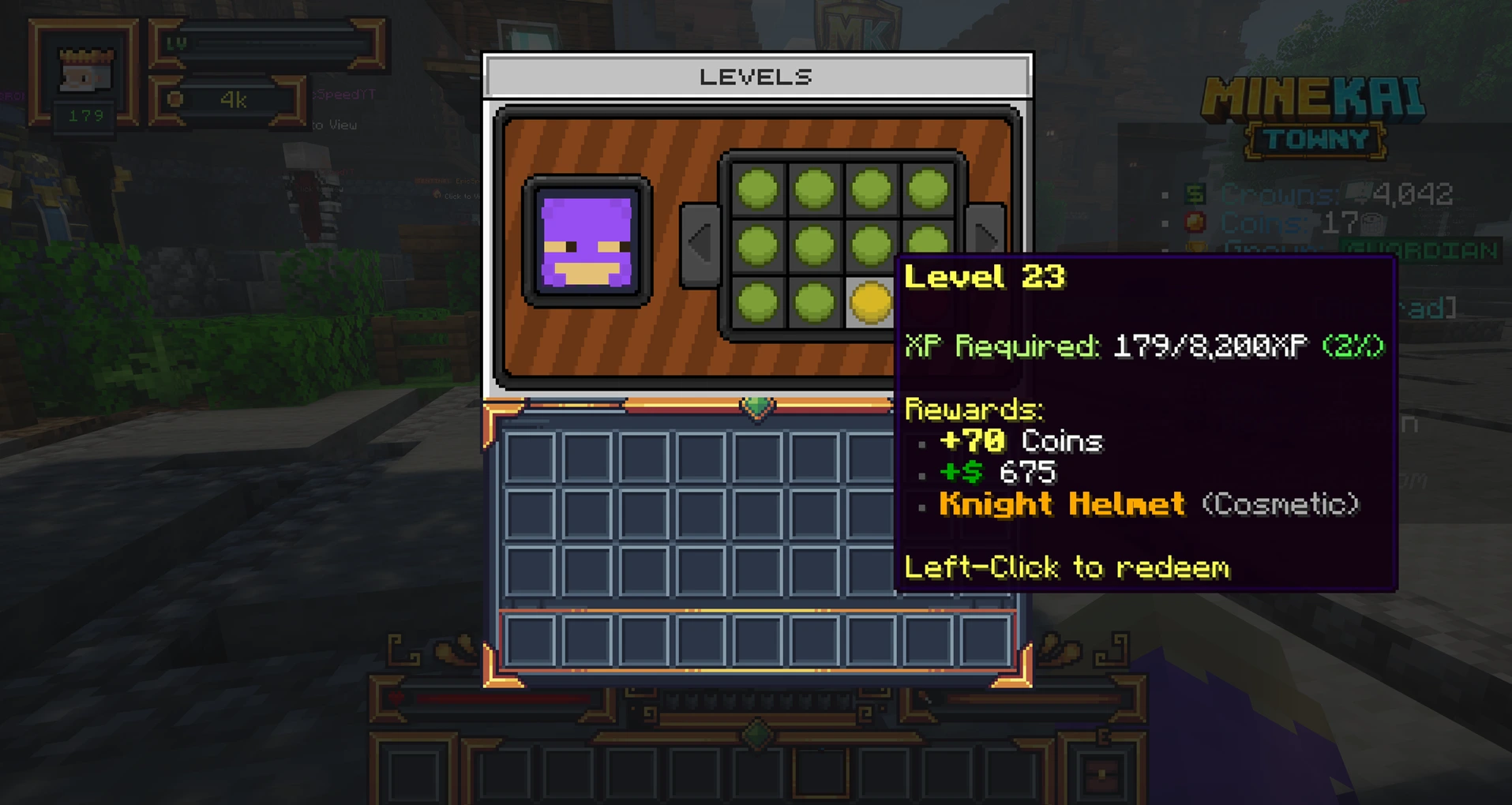 Minecraft RPG level rewards on MineKai showing coins money and cosmetic progression rewards