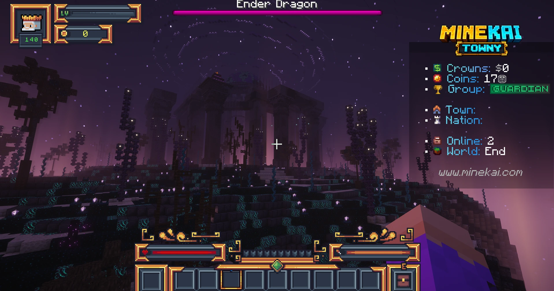 MineKai custom End dimension with a giant dark dragon arena, purple sky, glowing plants and Ender Dragon boss bar