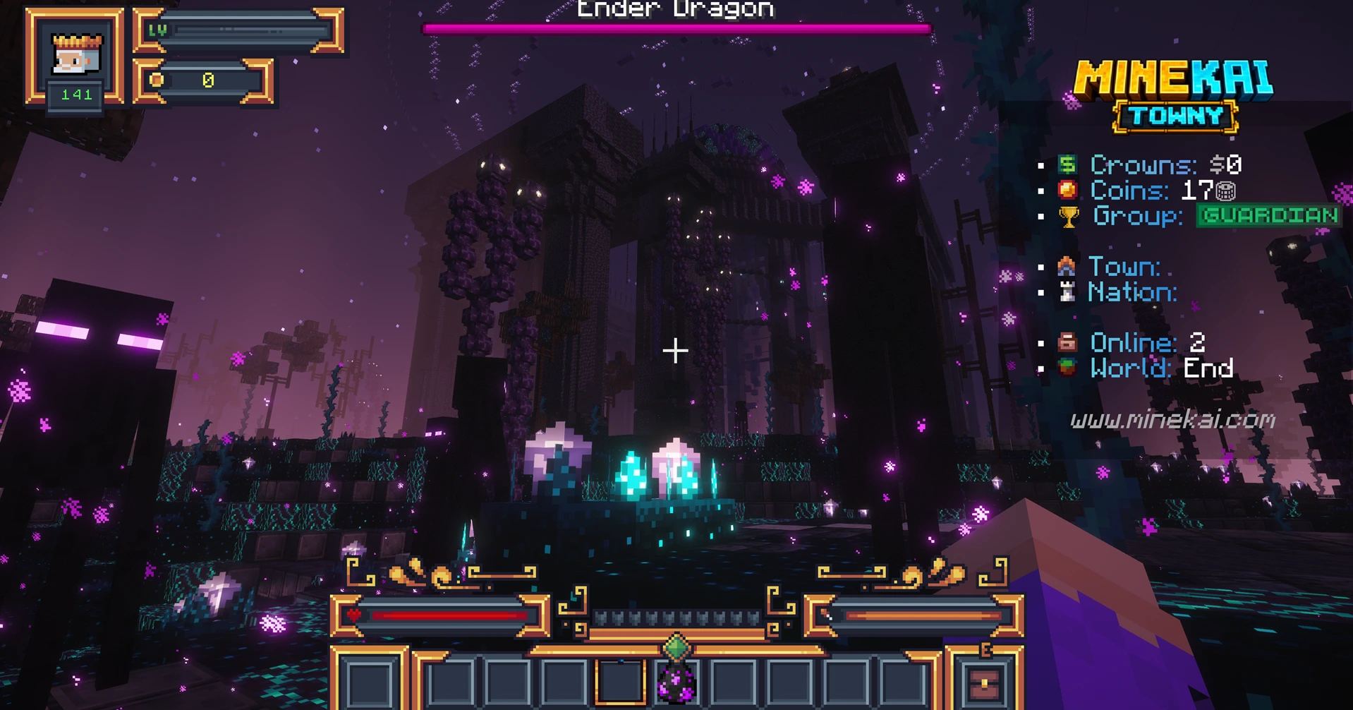 Atmospheric MineKai End world with custom architecture, glowing purple particles, fantasy plants and Endermen
