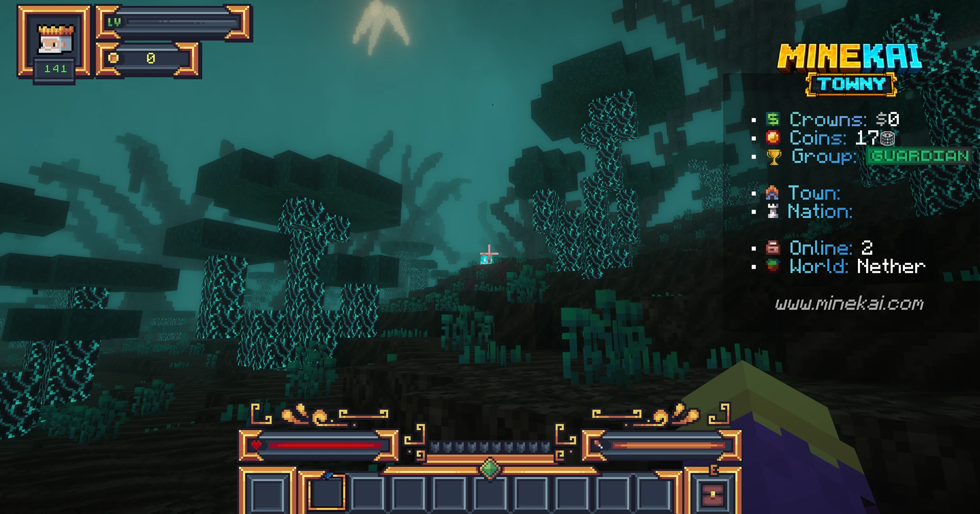 MineKai custom Nether inspired by the Greek Underworld with dark terrain, cyan glowing trees and heavy teal fog