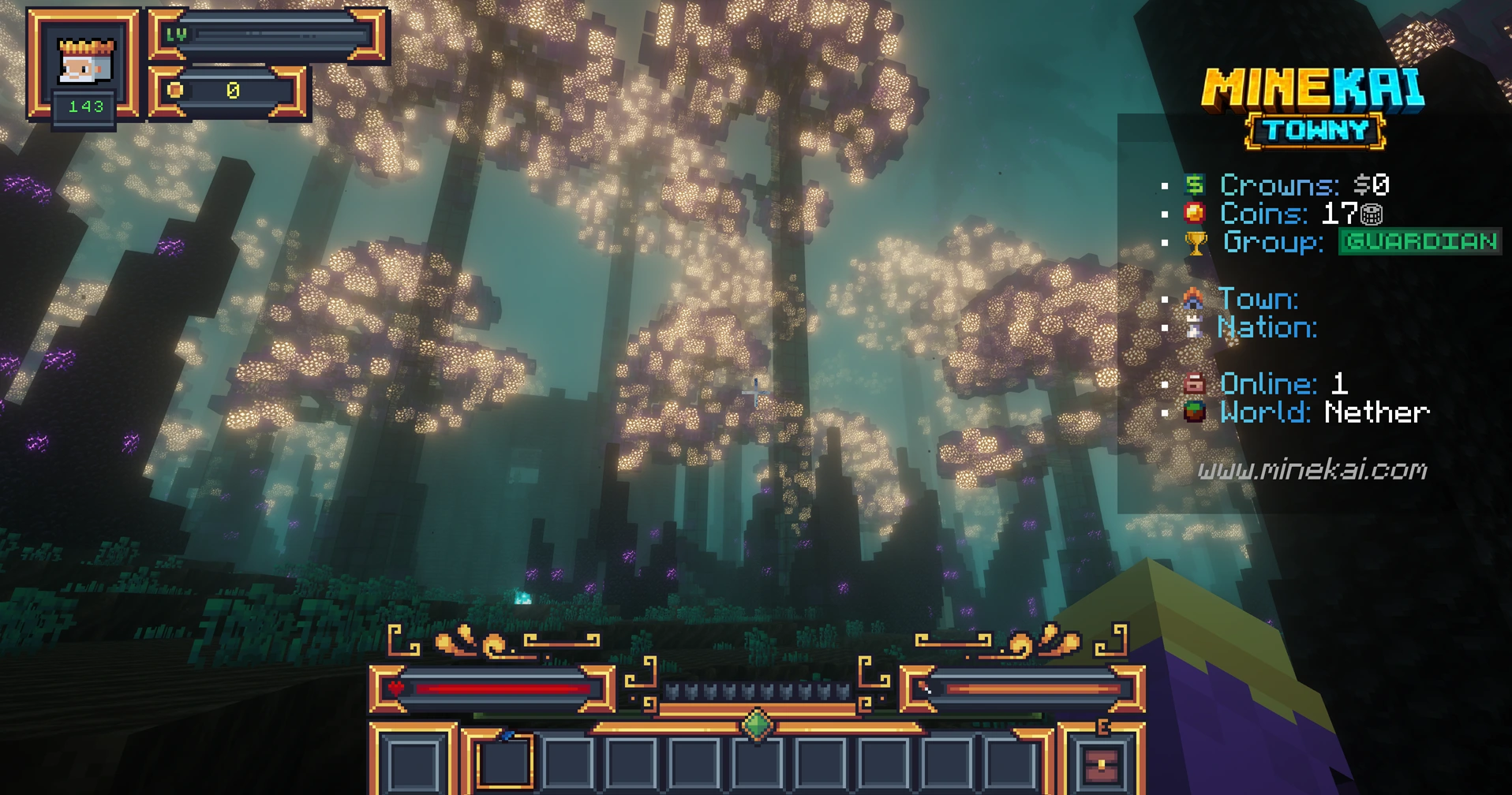 Glowing custom Nether forest on MineKai with enormous bright trees, dark pillars and turquoise atmosphere