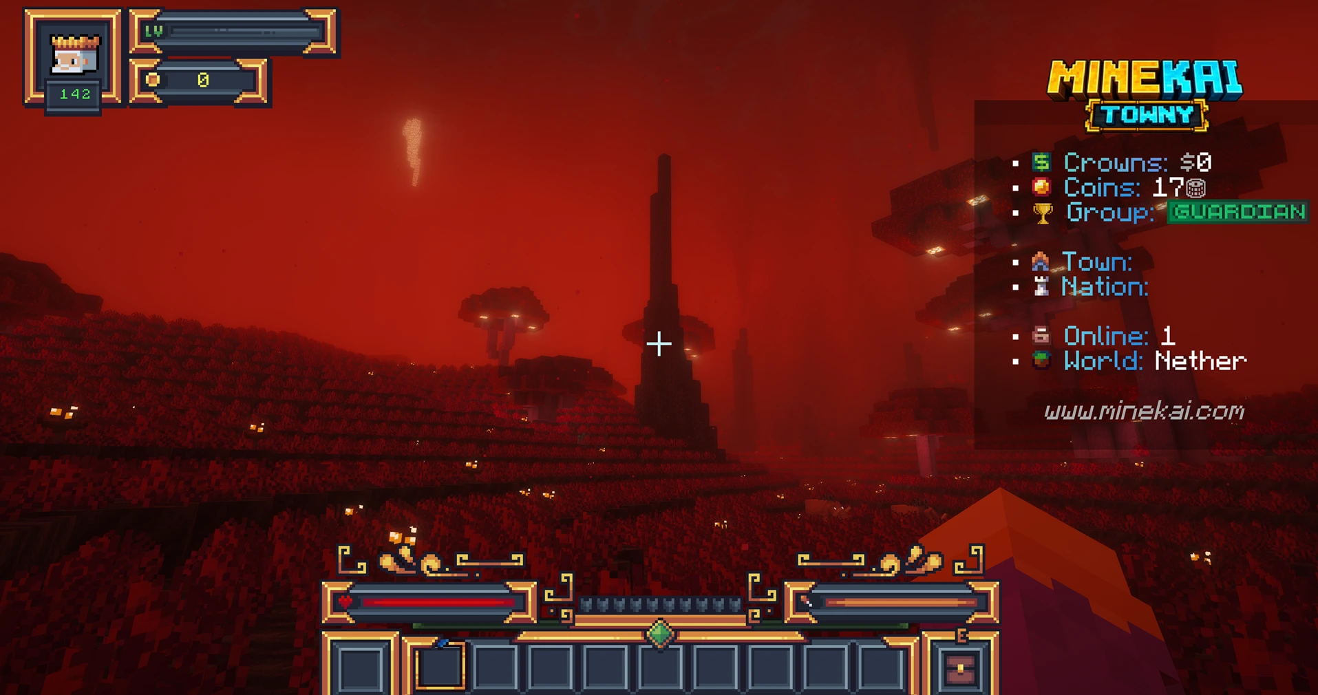 Crimson custom Nether biome on MineKai with red fog, glowing fungi, dark rock spires and survival terrain