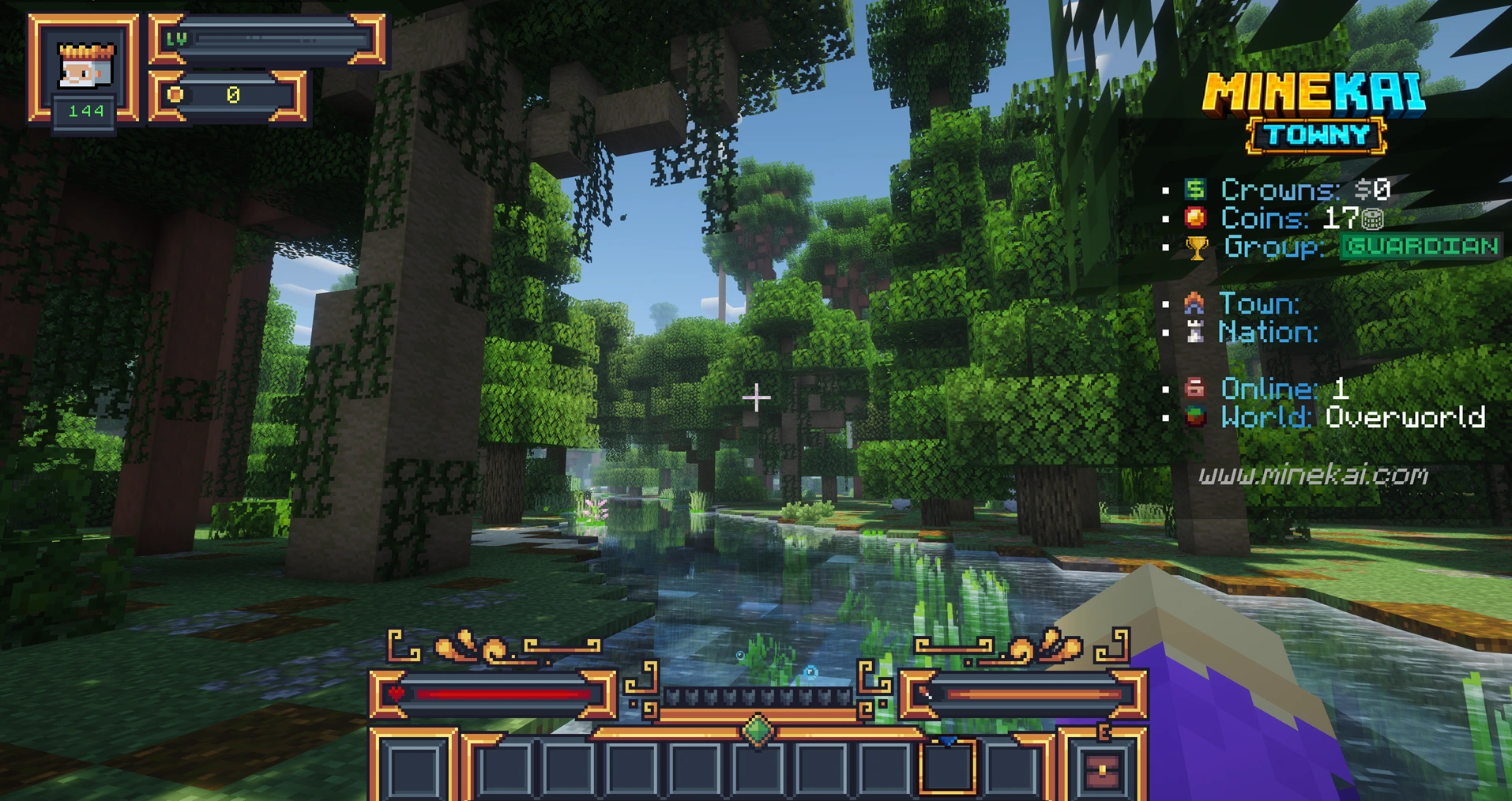Custom Minecraft forest on MineKai with dense green trees, reflective river water and lush vegetation