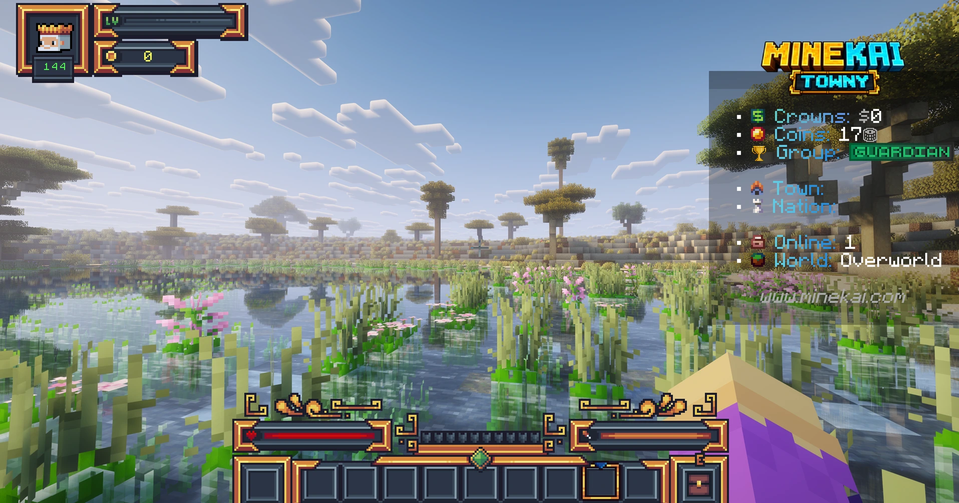 MineKai Minecraft Earth map landscape with shallow lake, reeds, flowers and open savanna under bright daylight