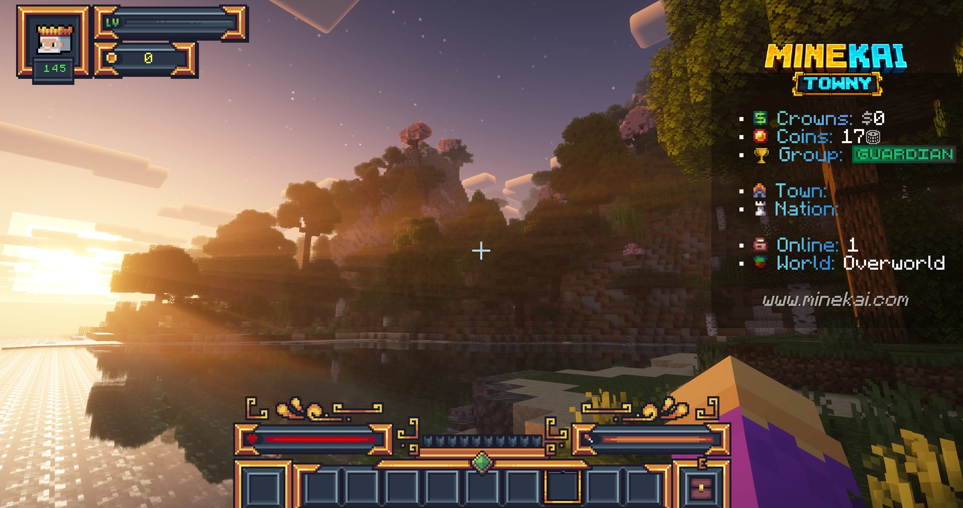 MineKai custom Minecraft overworld at sunset with a forested mountain, cherry trees, lake reflections and warm shader lighting