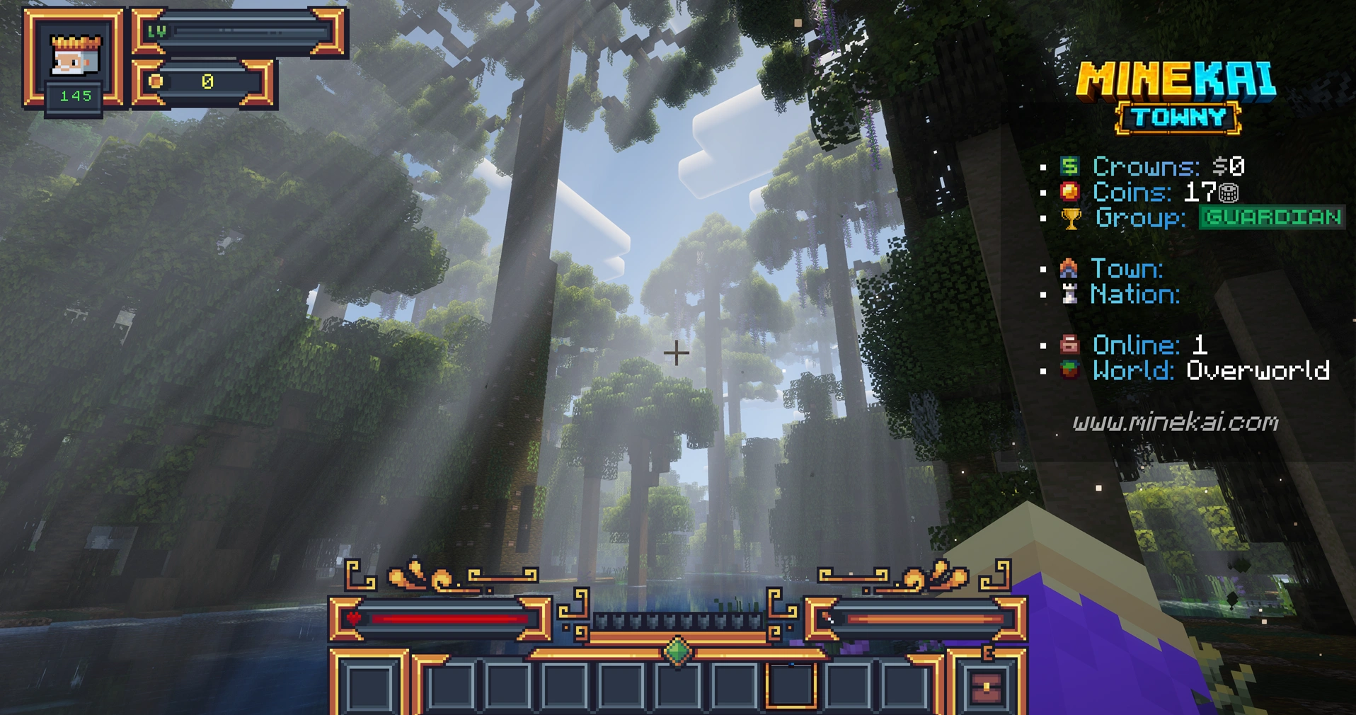 Beautiful custom Minecraft jungle world on MineKai with tall tropical trees, water, shaders and sun rays