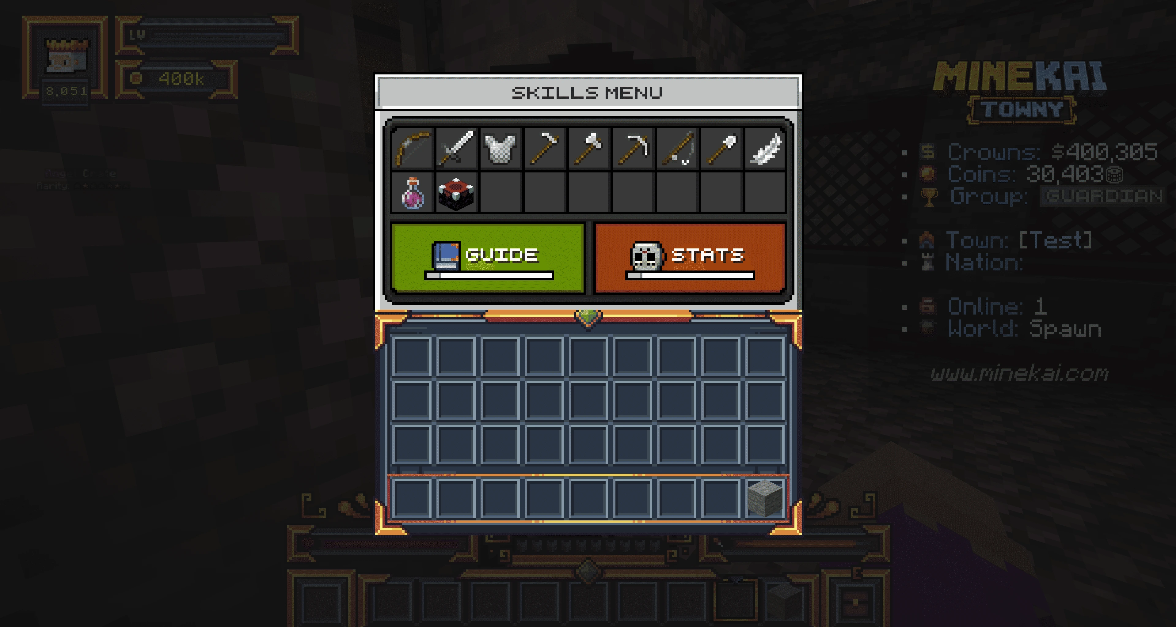 MineKai Minecraft Skills Menu showing skill icons Guide and Stats