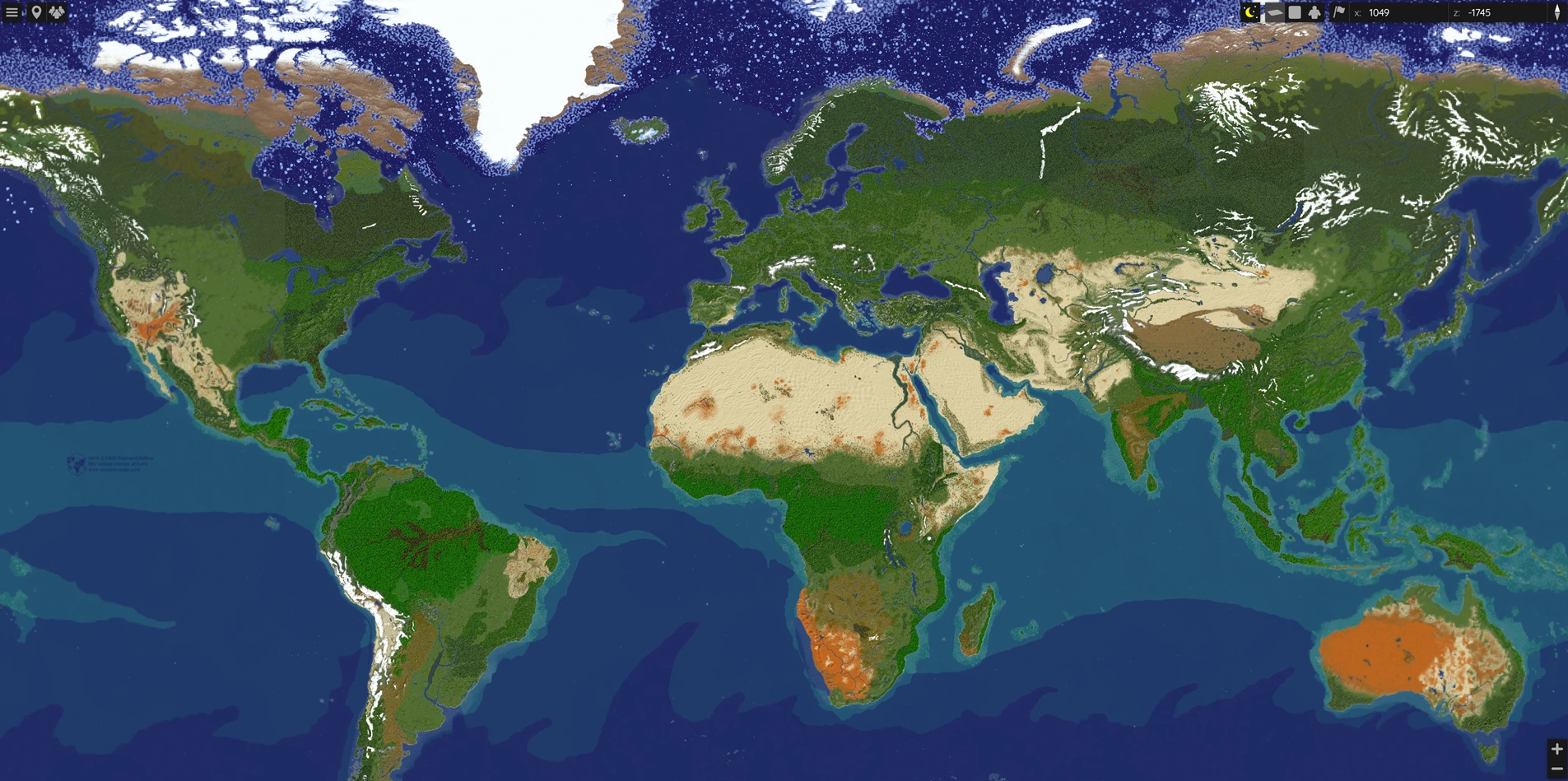 MineKai Minecraft Earth world map showing Europe, Africa, Asia, the Americas and Australia on a 40000 by 20000 survival map