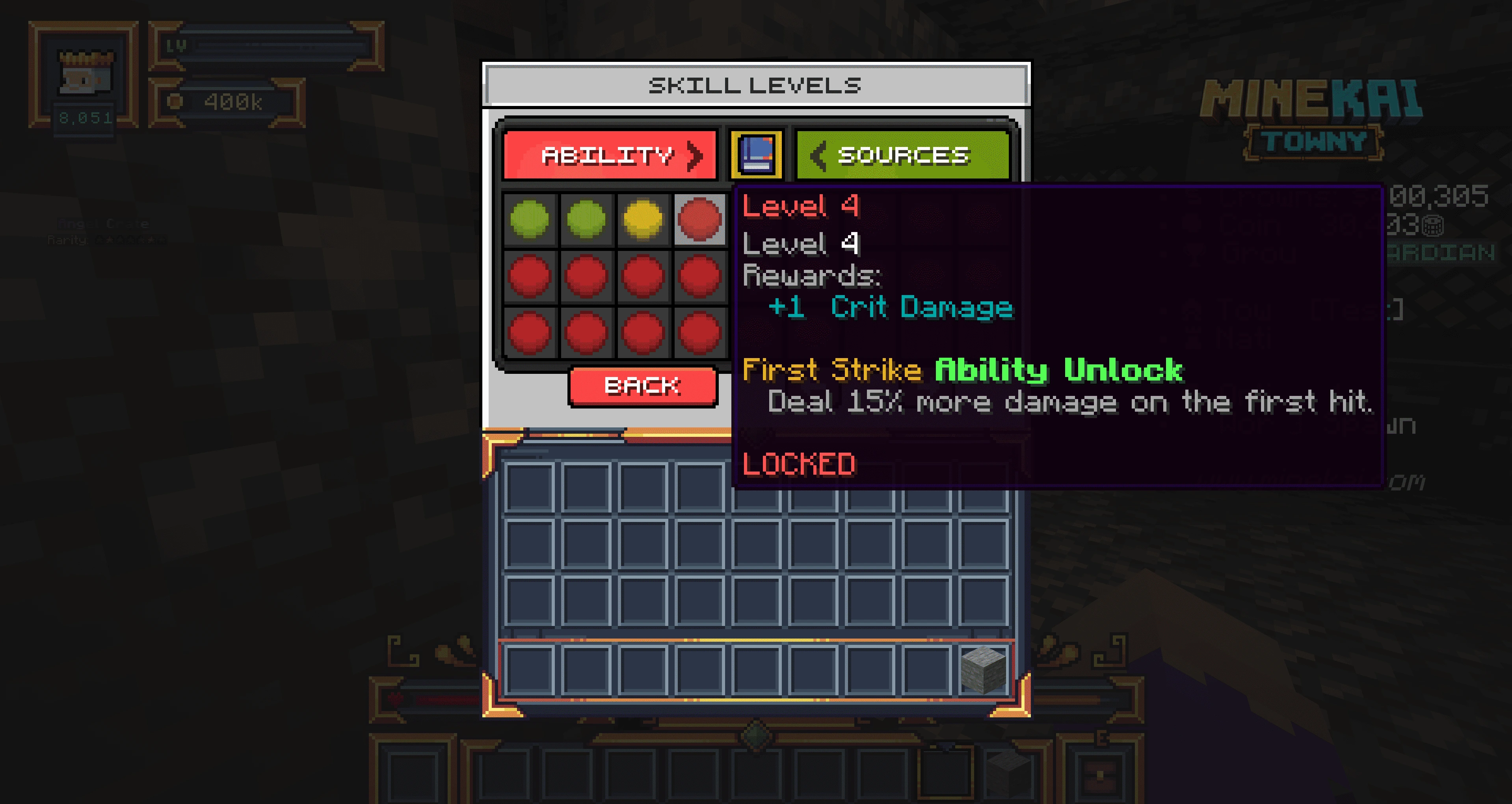 Minecraft skill level progression showing First Strike ability unlock on MineKai