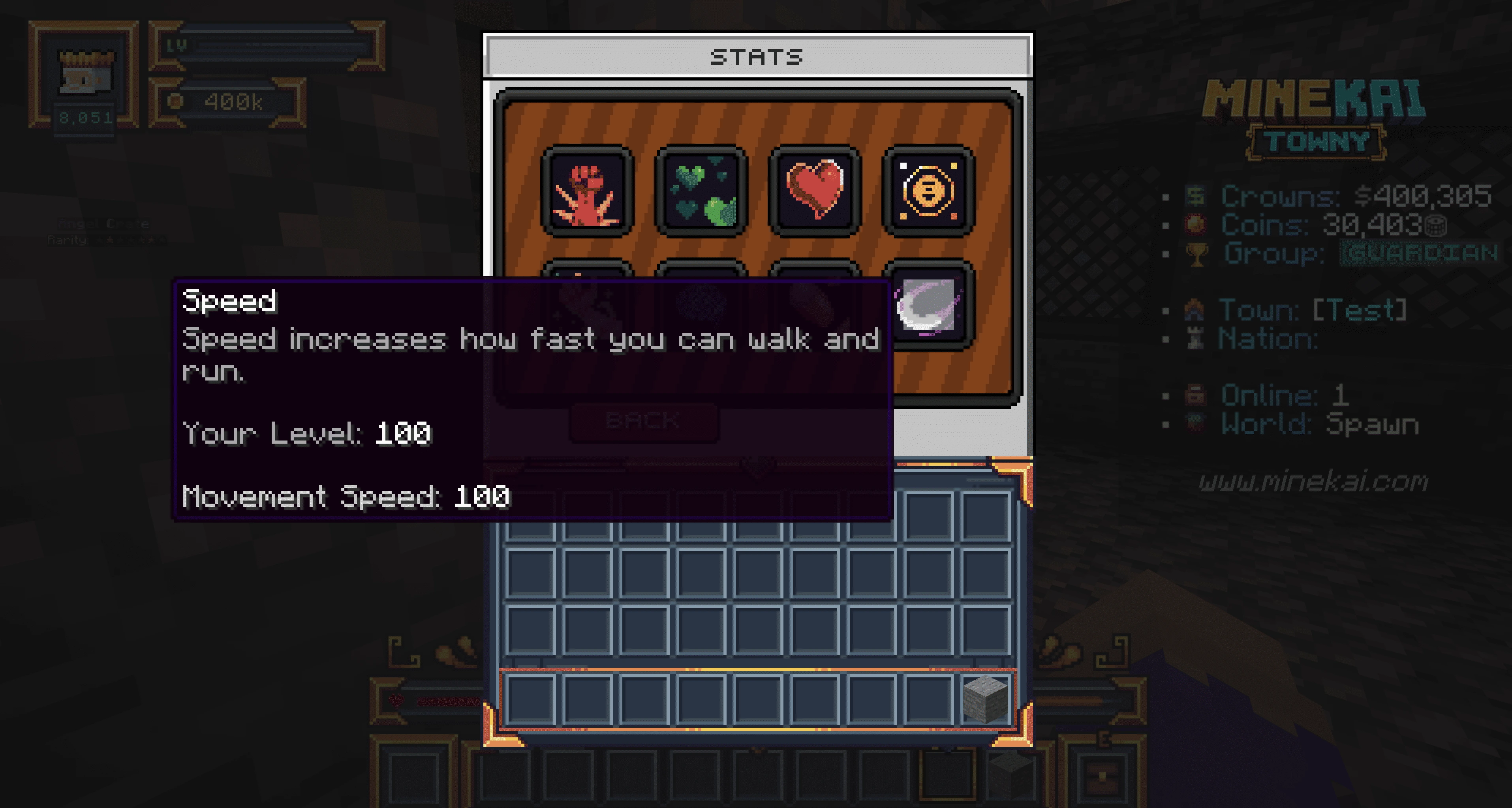 MineKai Minecraft character Stats menu showing Speed and Movement Speed