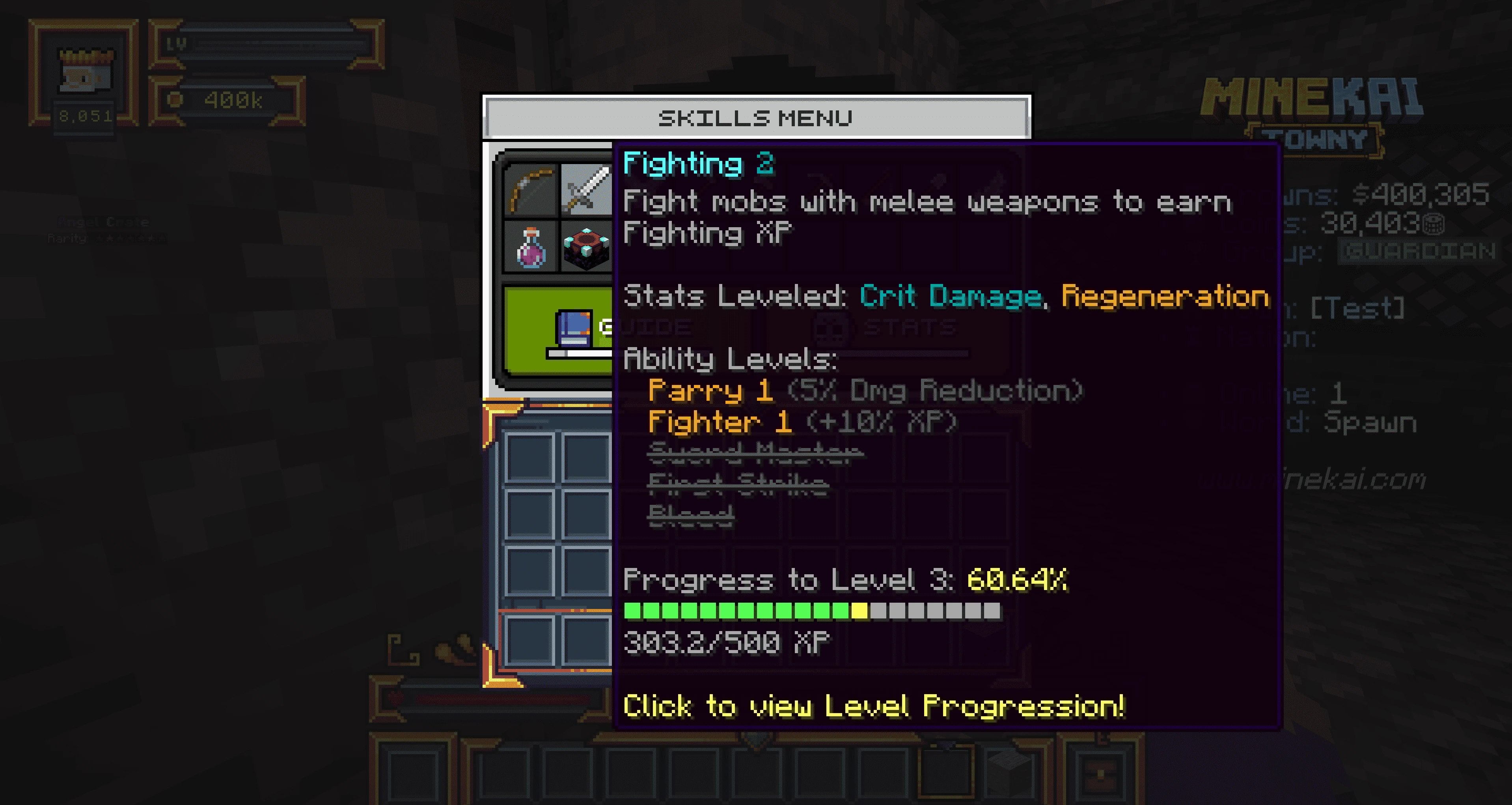 MineKai Fighting skill showing XP progress stats and abilities
