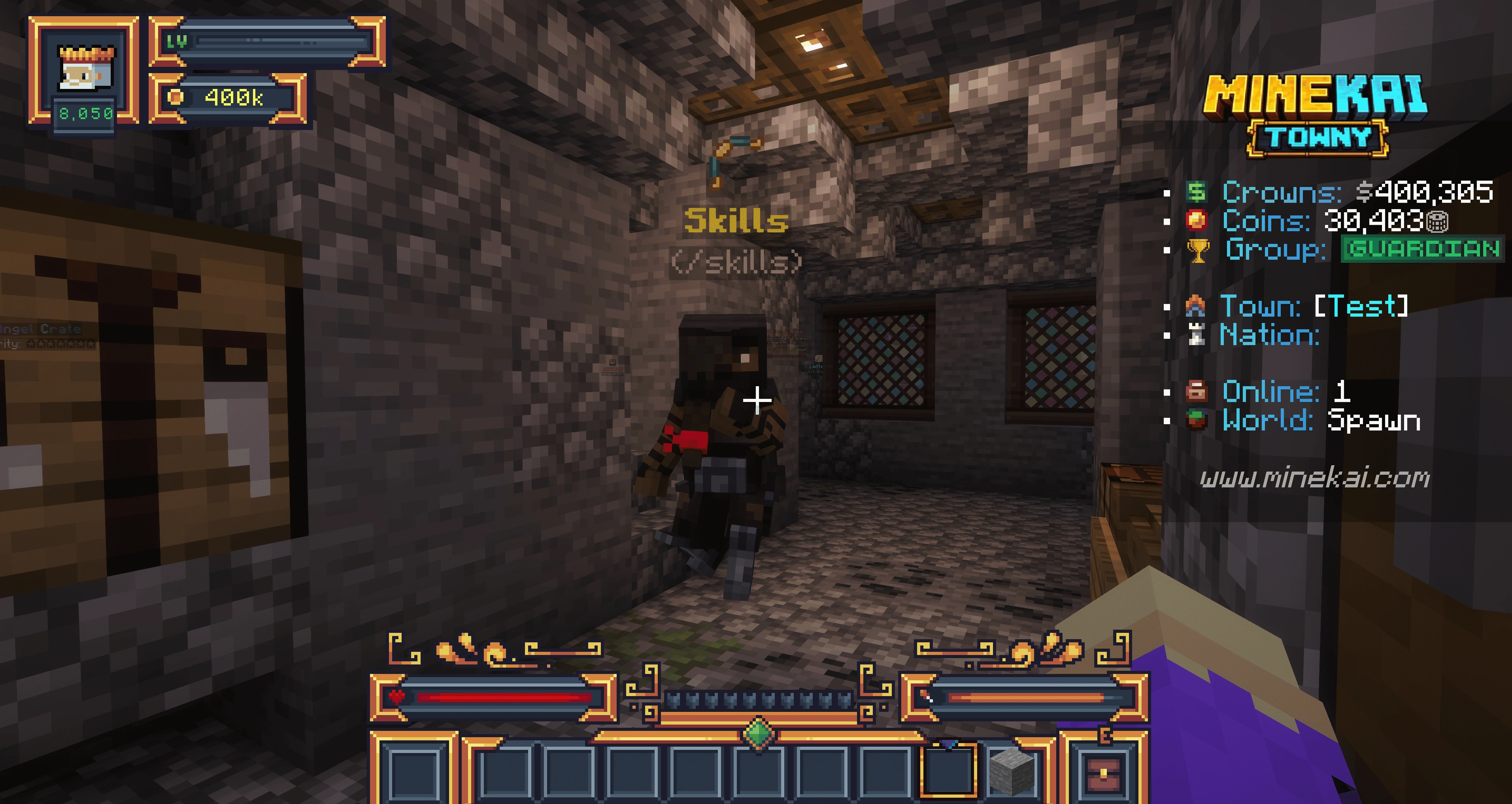 MineKai Skills NPC with the /skills command on a Minecraft Towny server