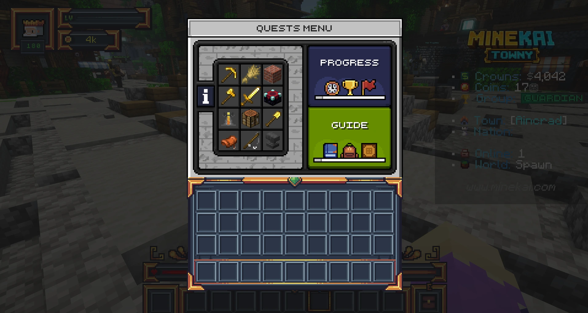Minecraft RPG quests menu on MineKai showing quest categories progression and guide sections