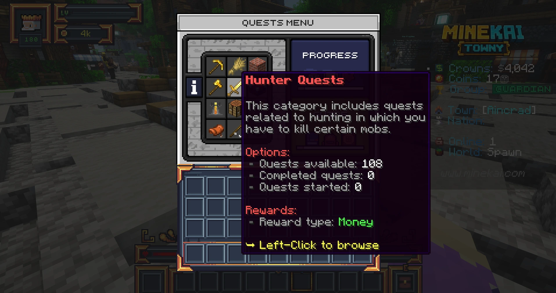 Hunter quests category on the MineKai Minecraft RPG server showing available quests and money rewards