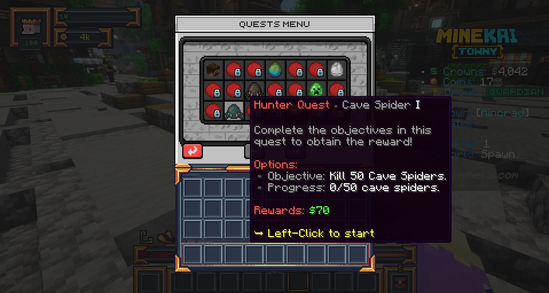 Minecraft RPG Hunter quest on MineKai requiring the player to defeat Cave Spiders for a reward