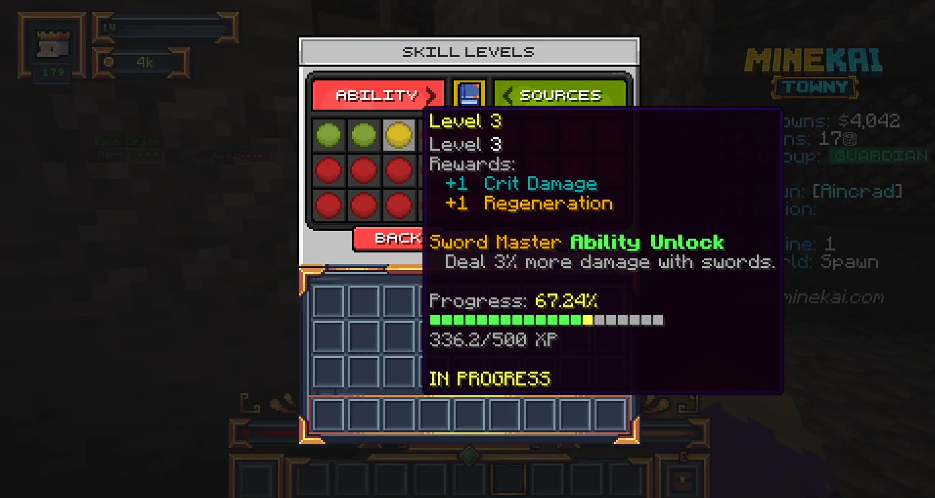Minecraft RPG skill level progression on MineKai showing Sword Master ability unlock and stat rewards