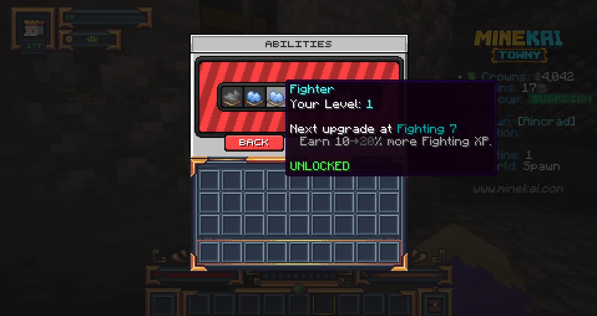 Minecraft RPG abilities menu on MineKai showing Fighter ability level and future upgrade progression