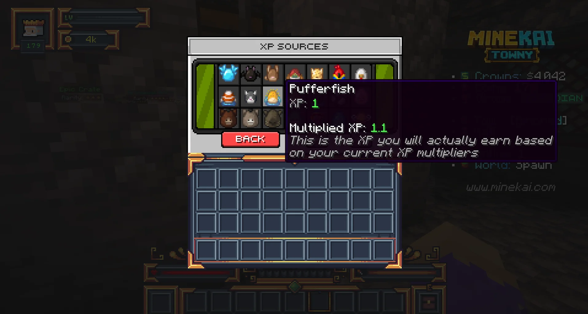 Minecraft RPG XP sources menu on MineKai showing experience gained from gameplay activities