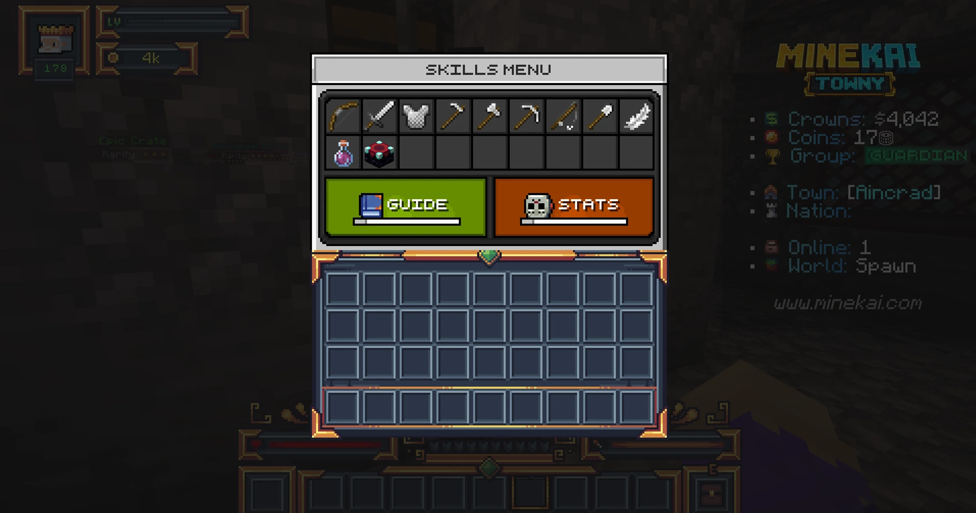 MineKai Minecraft RPG server skills menu showing combat gathering and progression skills