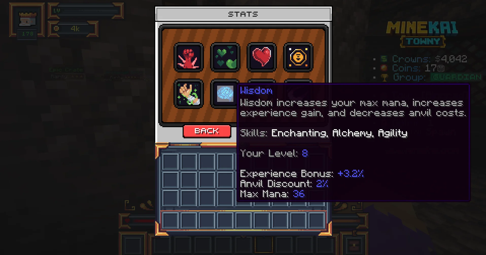 Minecraft RPG character stats on MineKai showing Wisdom level experience bonus anvil discount and mana