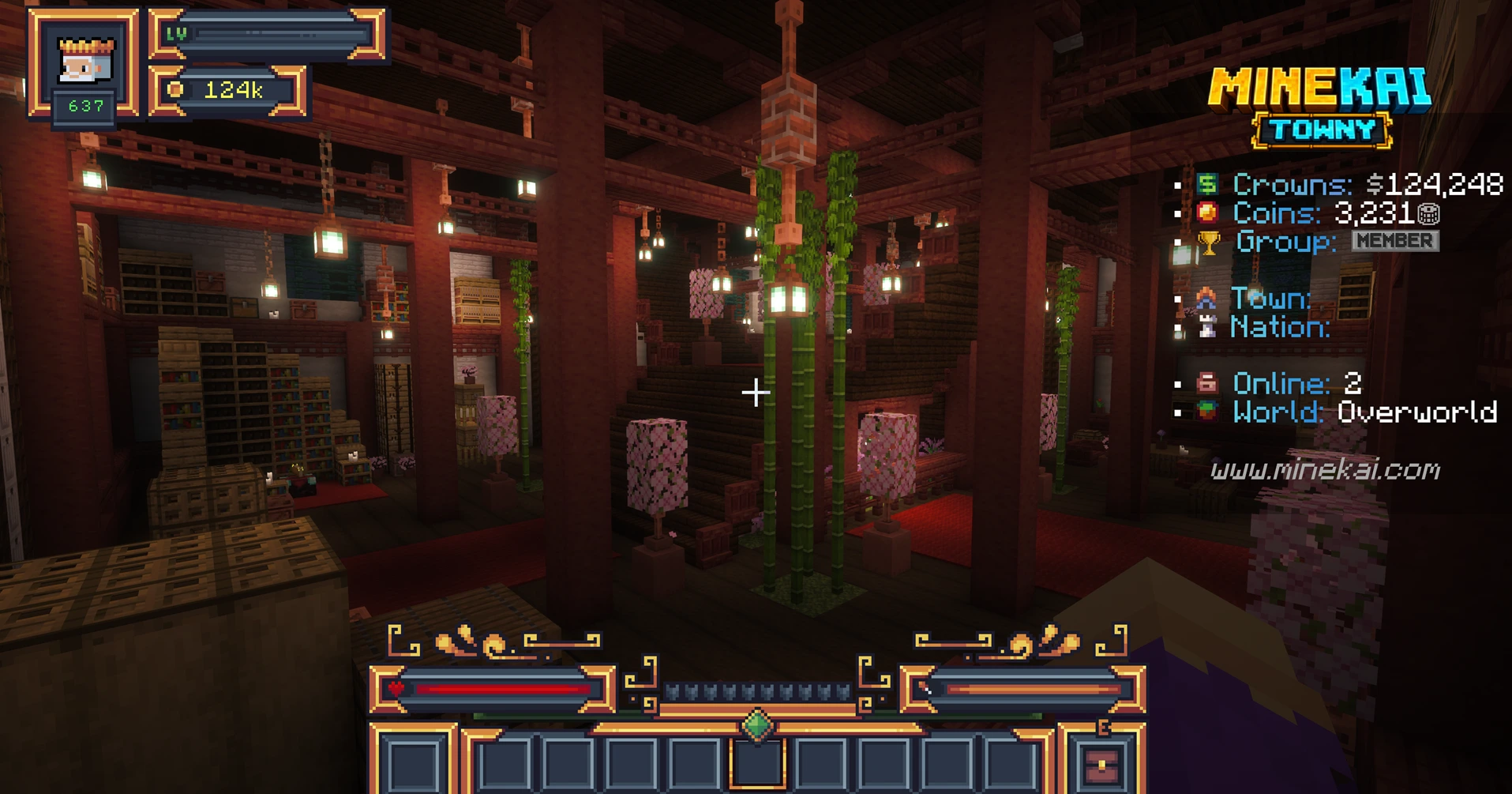 Detailed interior of a themed World Wonder on MineKai with lanterns, wooden architecture, bamboo and decorative plants