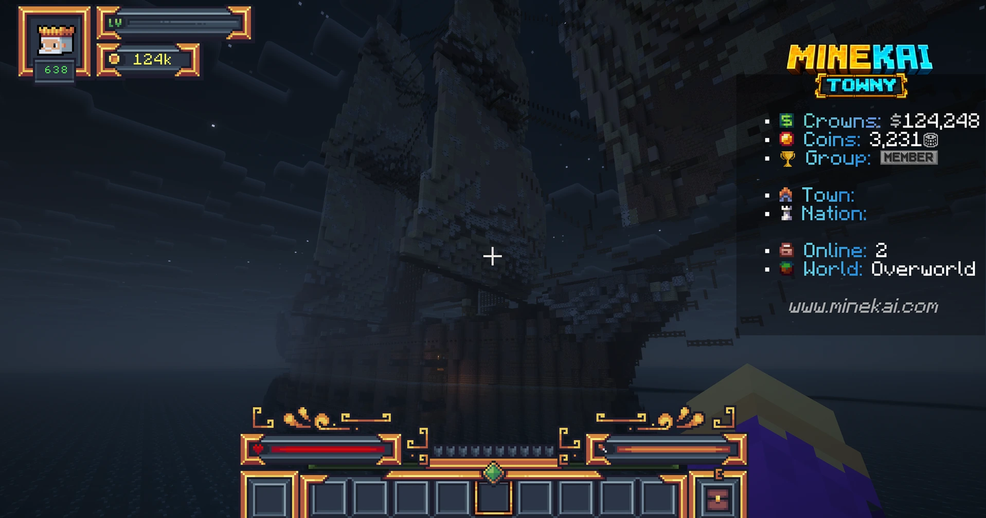 Huge dark ship-like World Wonder at night on the MineKai Earth survival map
