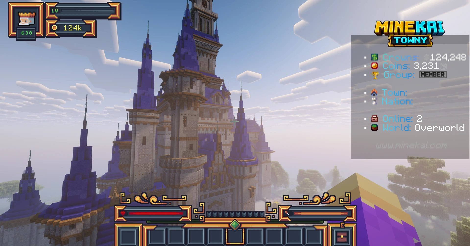 Massive Royal Castle World Wonder with tall purple spires and detailed stone architecture on the MineKai Minecraft Towny server