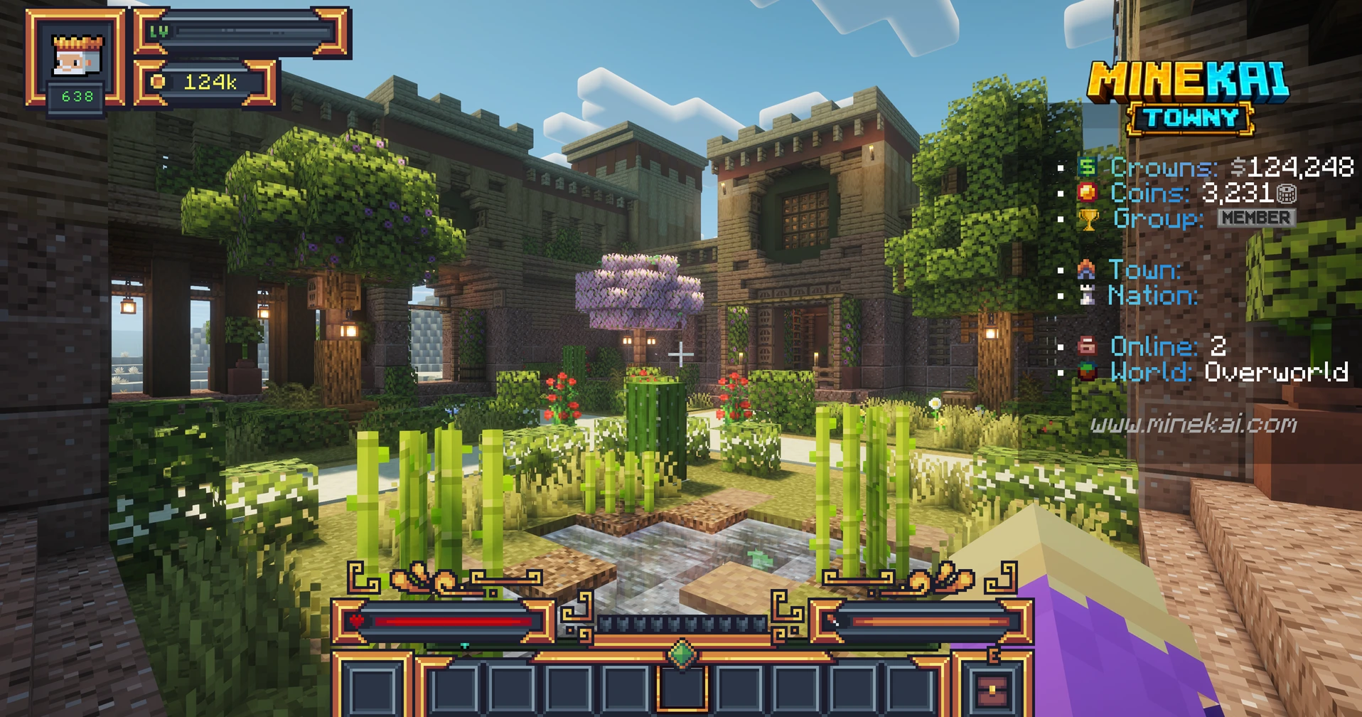 Beautifully decorated small themed courtyard on MineKai Earth map with trees, flowers, stone paths and medieval fantasy buildings