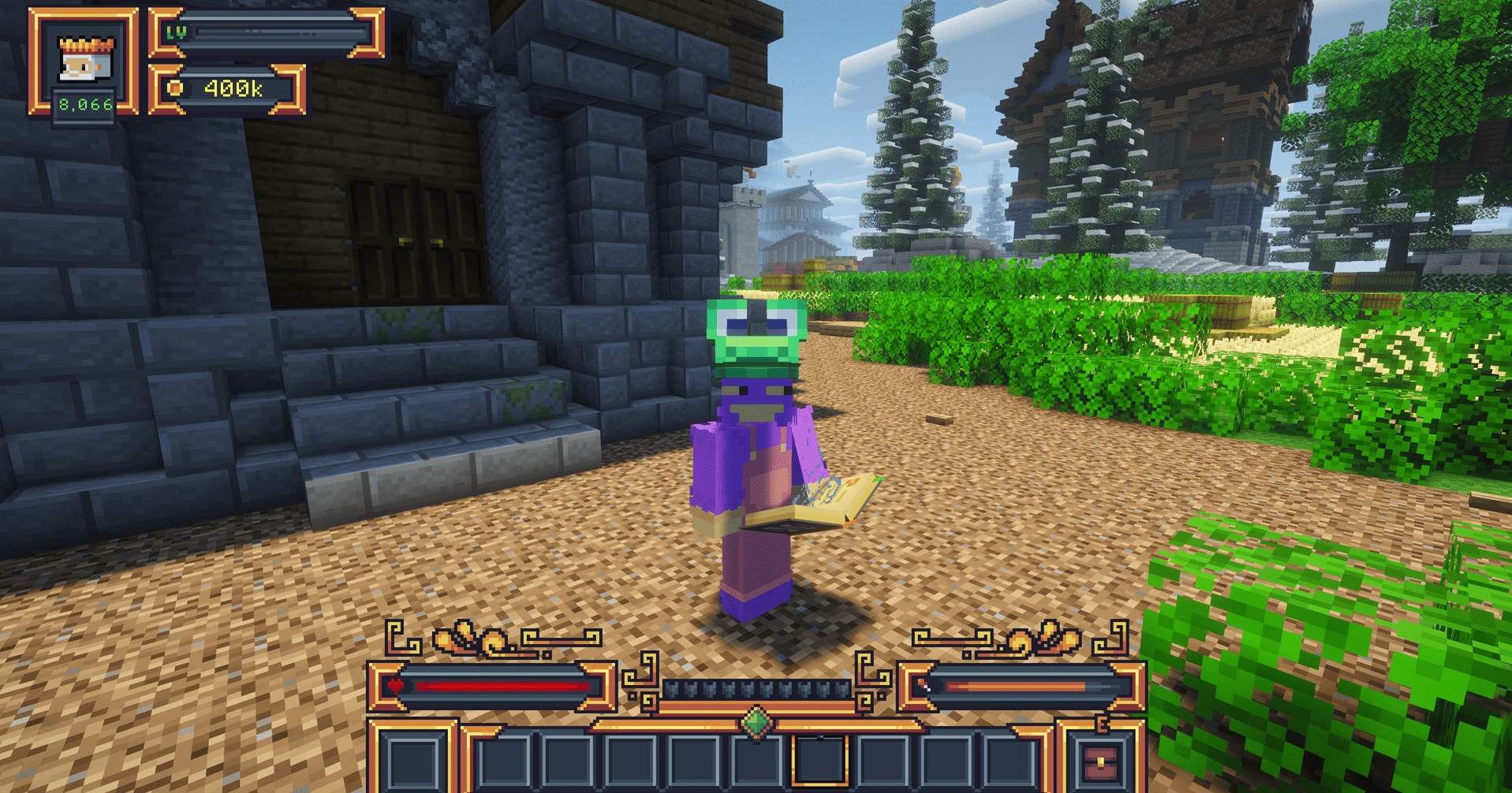 Minecraft Towny player standing beside a house in a developed player town on MineKai