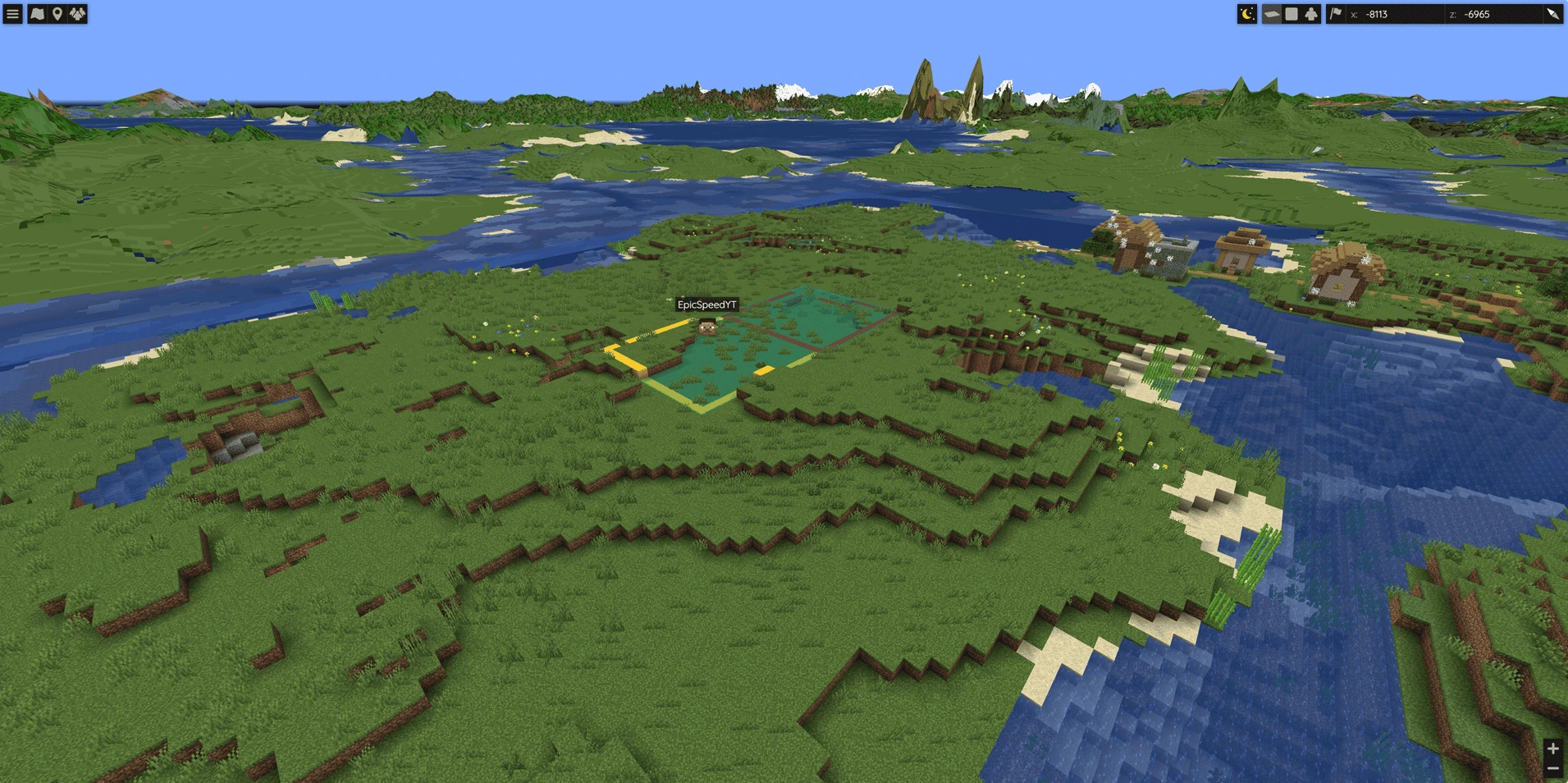 Minecraft world map showing Towny plot borders and claimed territory from above