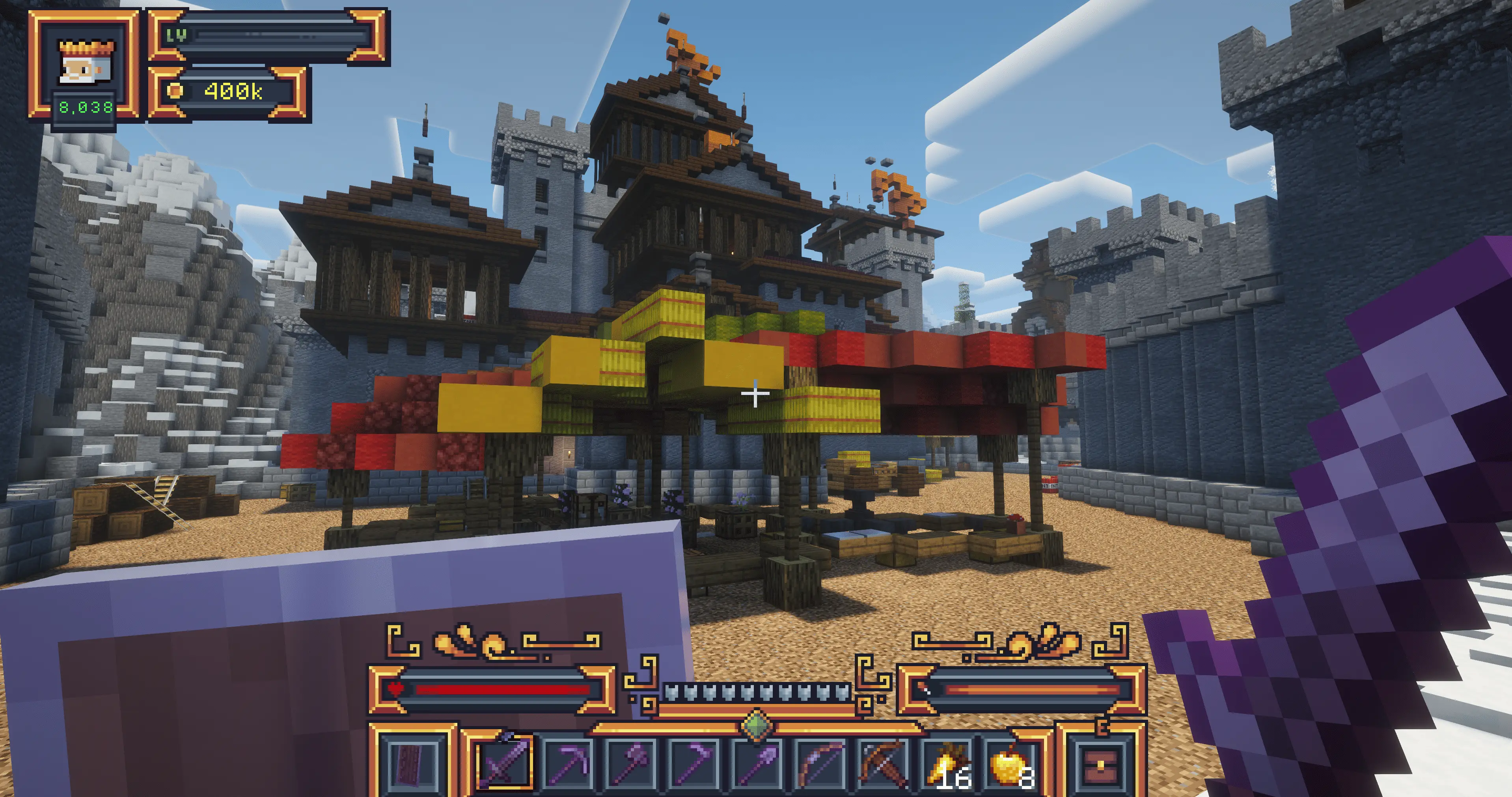 Minecraft Towny settlement and marketplace inside a fortified MineKai town