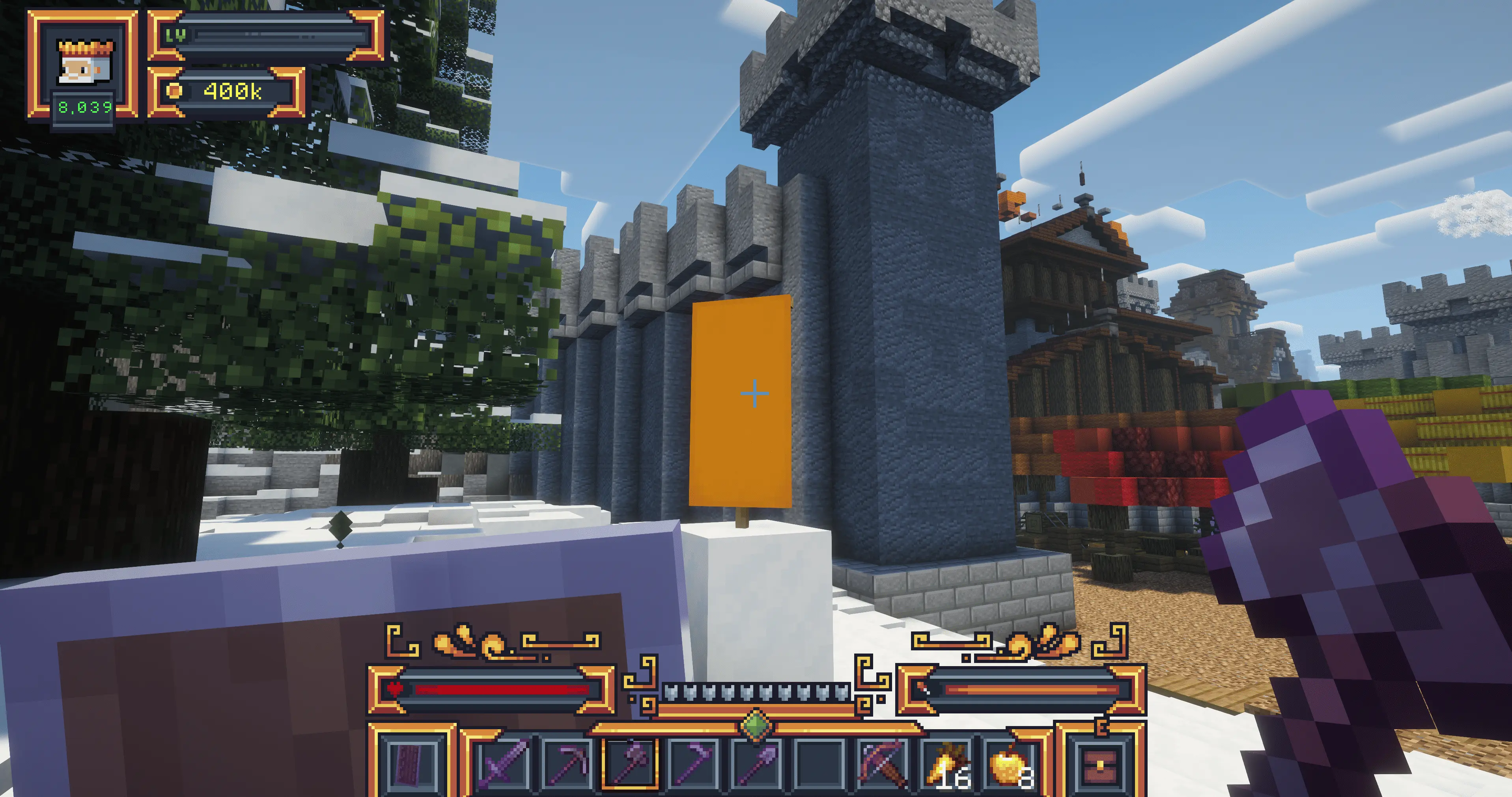 Minecraft banner outside a fortified Towny settlement on MineKai