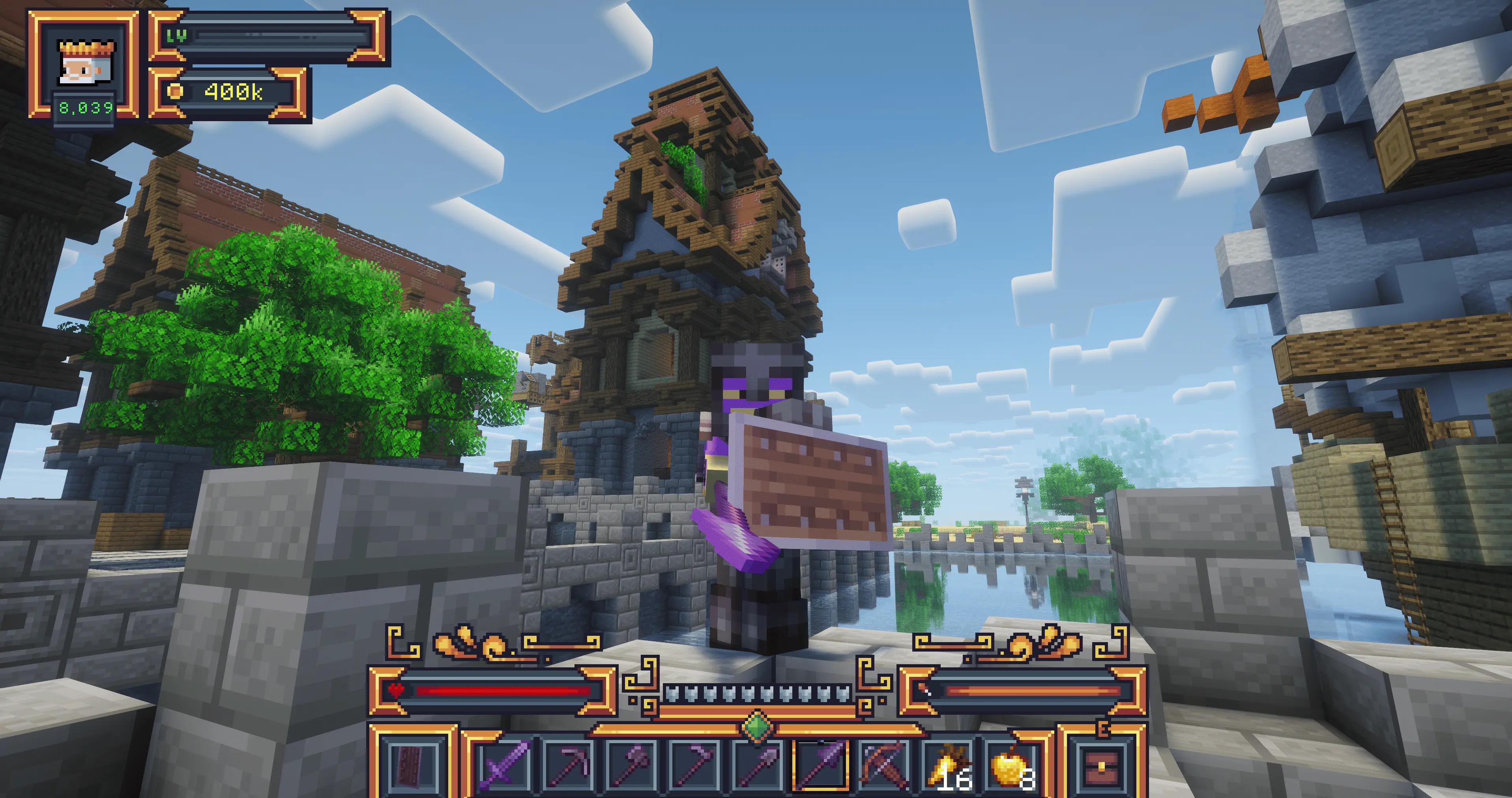 Minecraft Towny player with sword and shield standing in a MineKai town