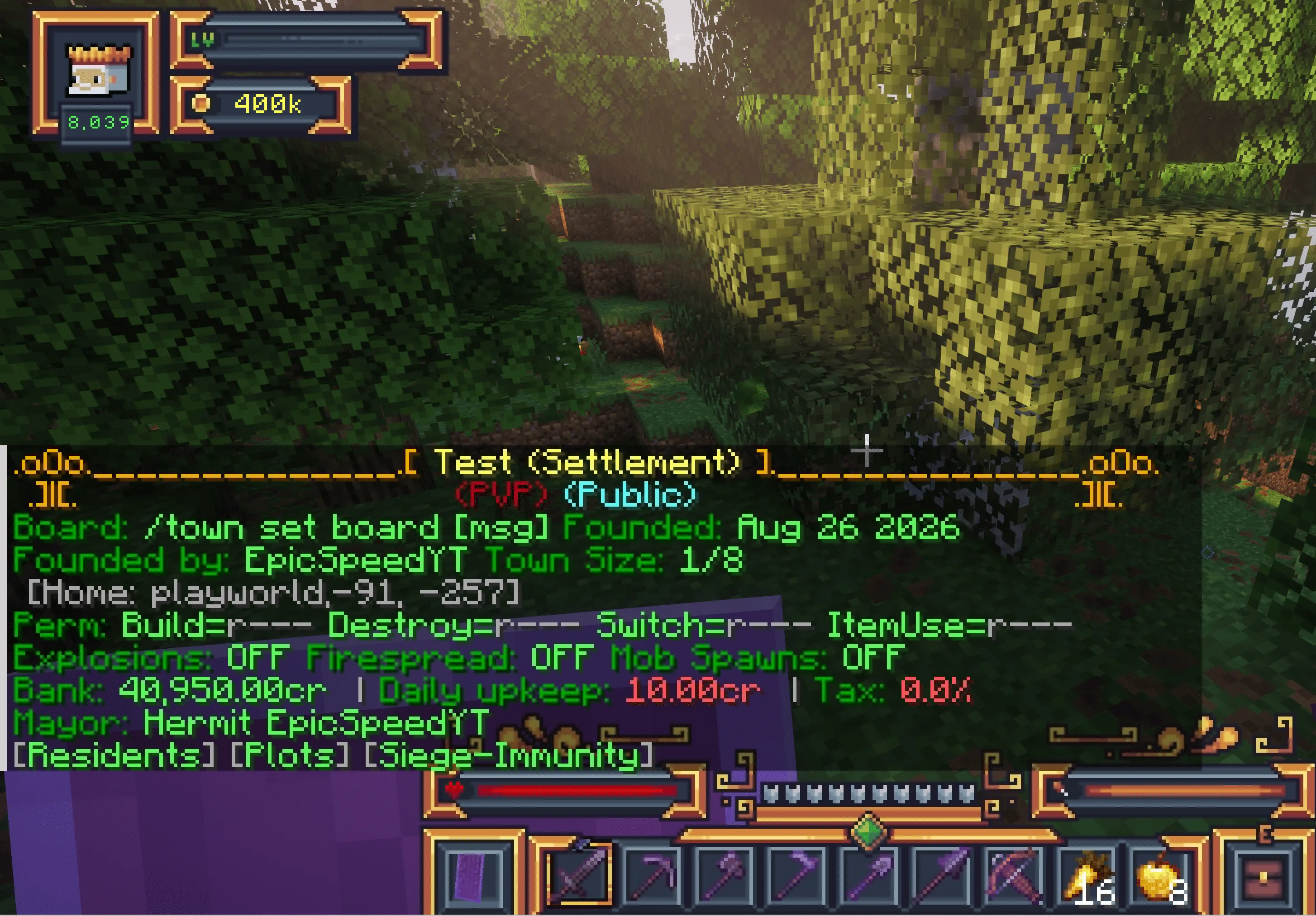 Minecraft Towny town information showing bank permissions and town status on MineKai
