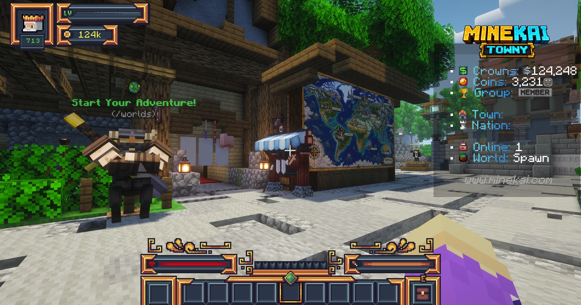MineKai spawn showing a large illustrated world landmarks board and the Start Your Adventure worlds entrance
