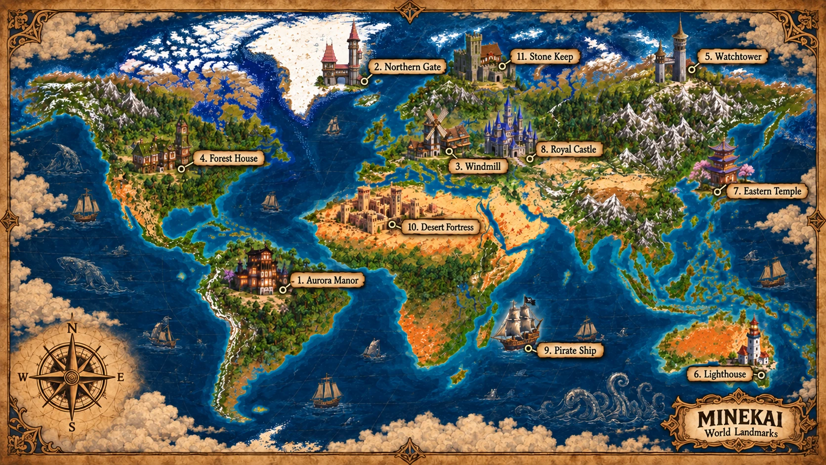 Illustrated MineKai Minecraft Earth map with eleven World Wonders including Royal Castle, Pirate Ship, Eastern Temple, Desert Fortress and Aurora Manor